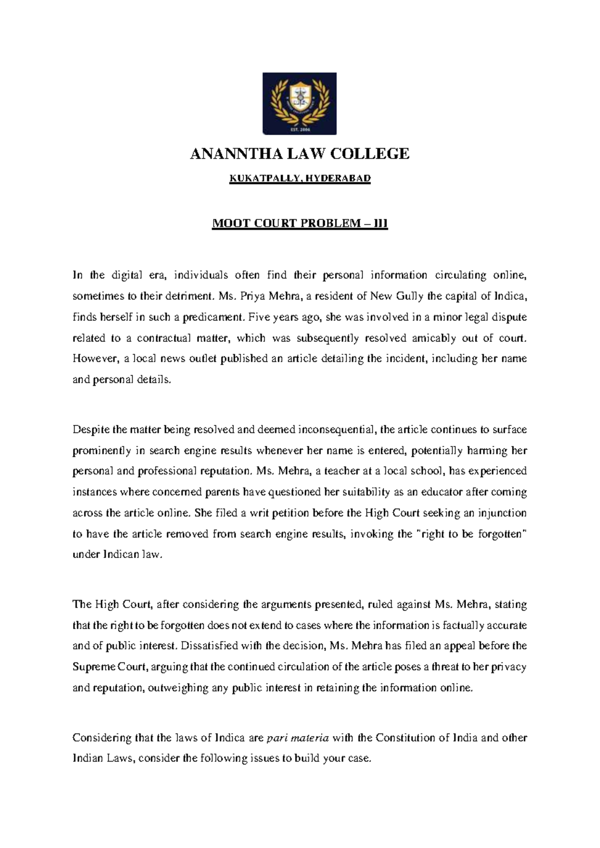 Moot 03 Constitutional Case 2024 ANANNTHA LAW COLLEGE KUKATPALLY