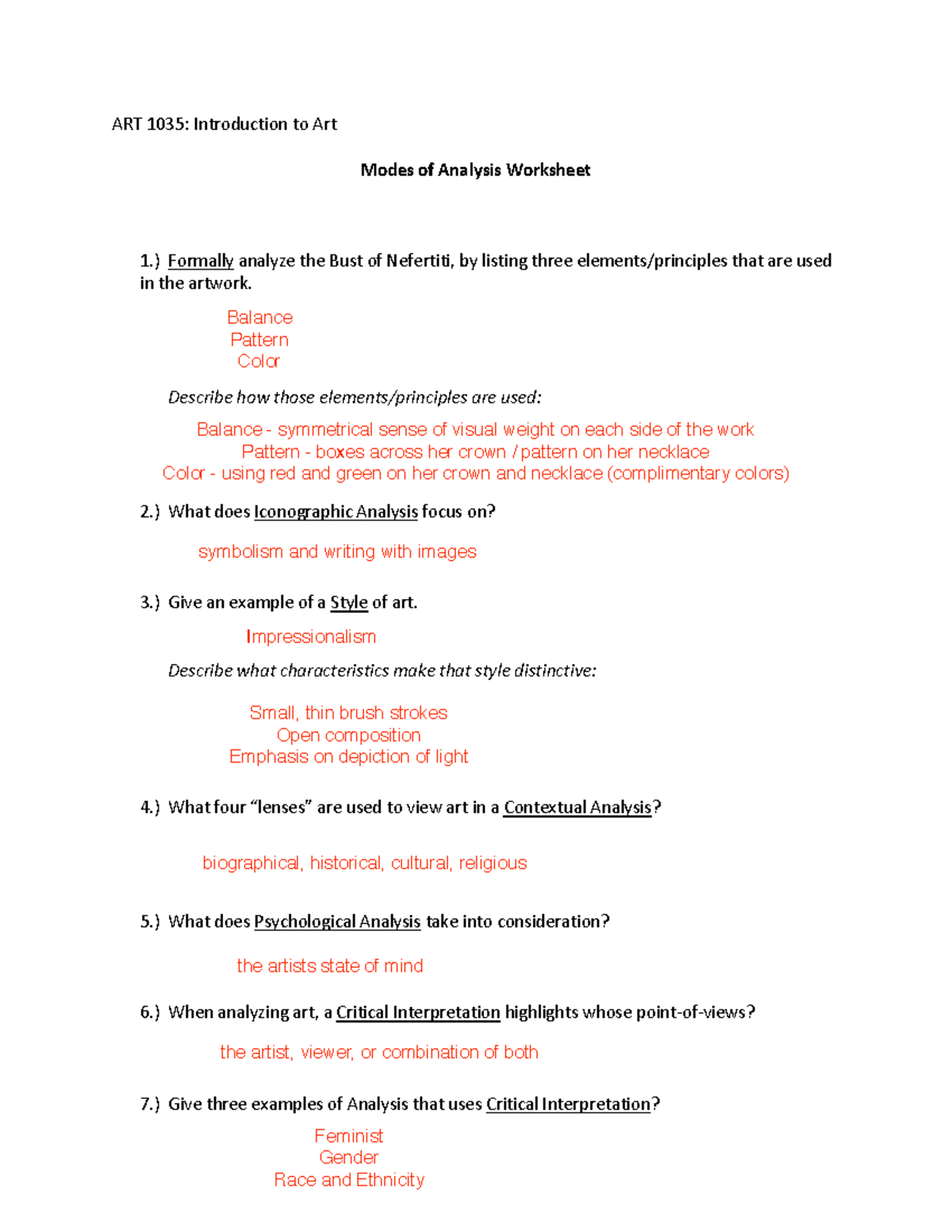 Modes Of Analysis Worksheet - ART 2065 - ART 1035: Introduction To Art ...