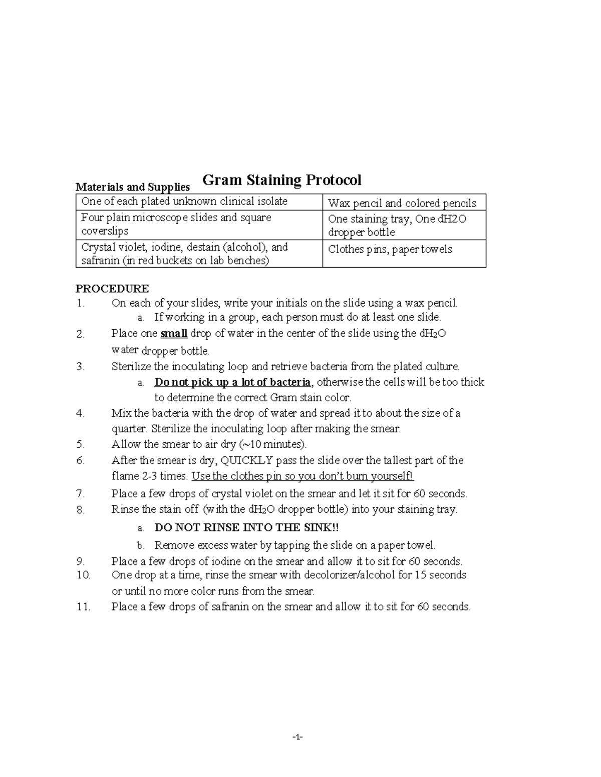 Gram Stain Protocol 1 - 1 - Materials and Supplies Gram Staining ...