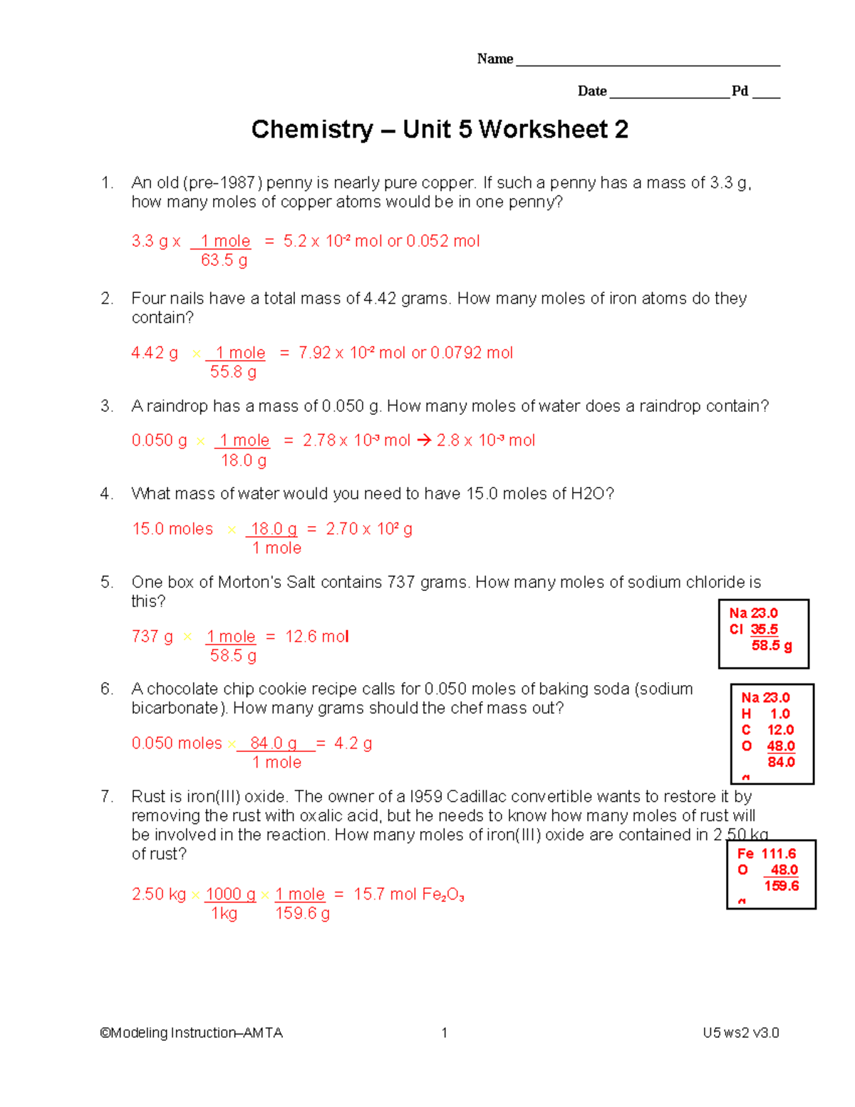 Chemistry Unit 5 Worksheet 2 ©Modeling InstructionAMTA 1 U5 ws2 v3