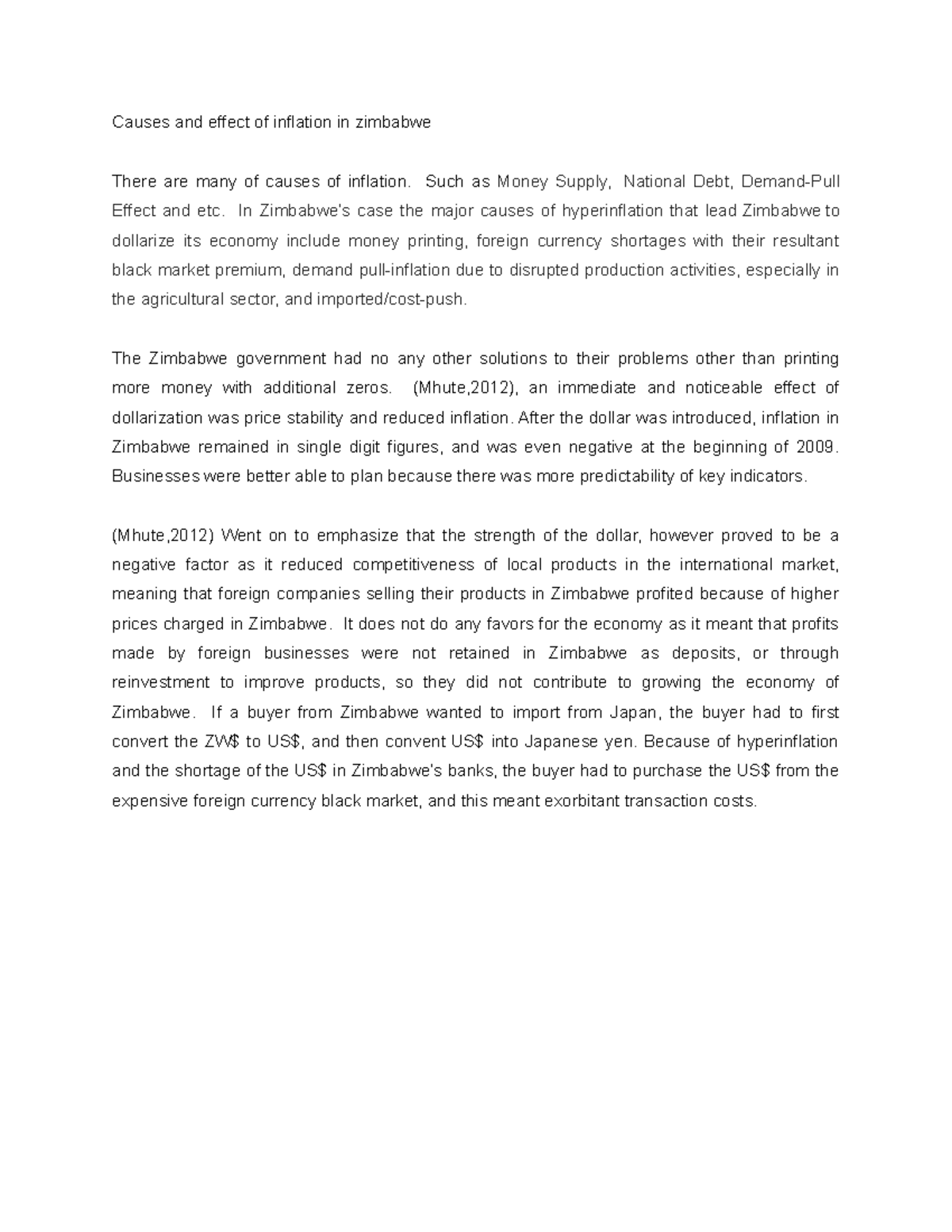 ECO120 Causes and Effect of Zimbabwe - Causes and effect of inflation ...