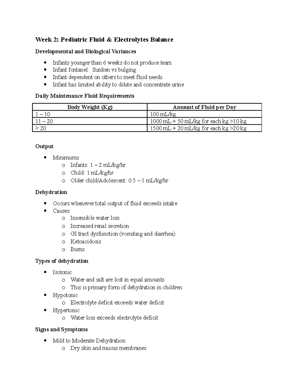 Wk 2, Pediatric F&E - Fluid and electrolyte notes - Week 2: Pediatric ...