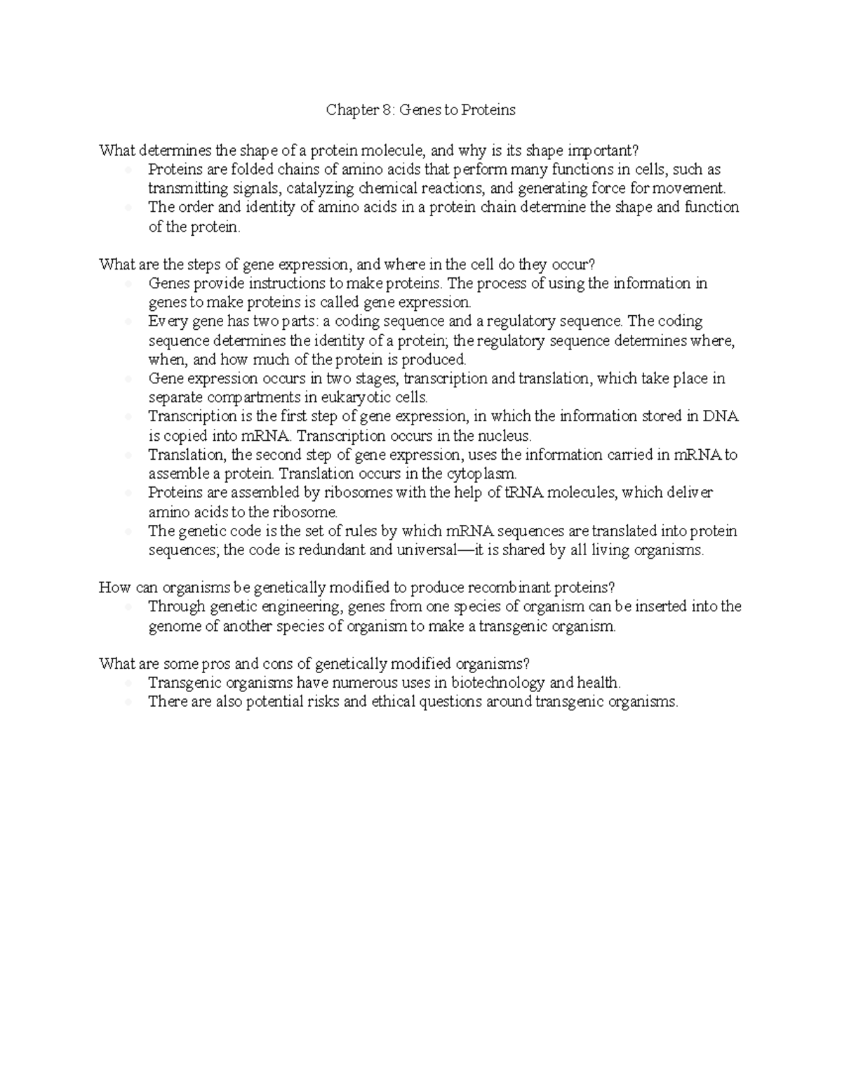 Bio- Chapter 8 Genes To Proteins - Chapter 8: Genes To Proteins What ...