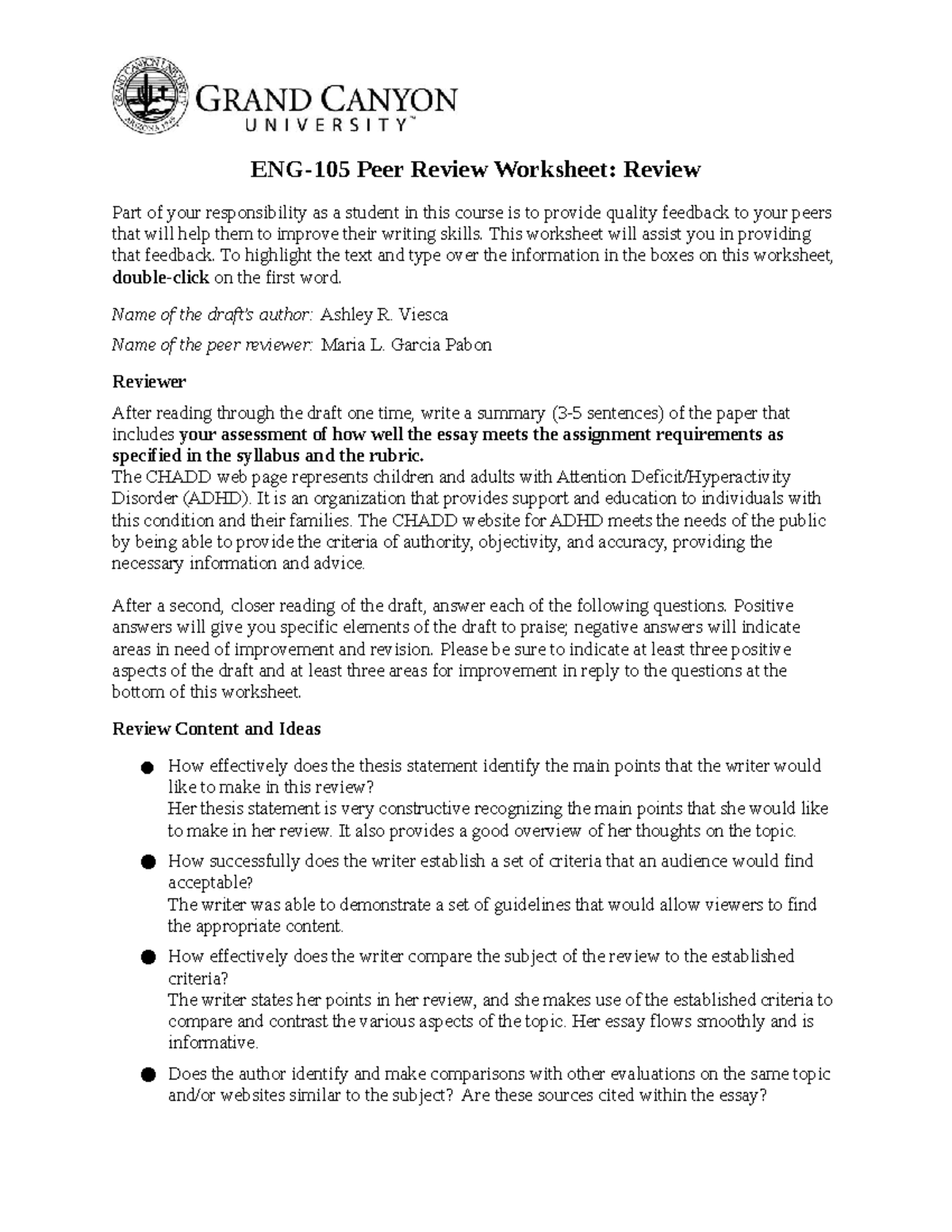 ENG105 Review Peer Review Worksheet ONL - ENG-105 Peer Review Worksheet ...