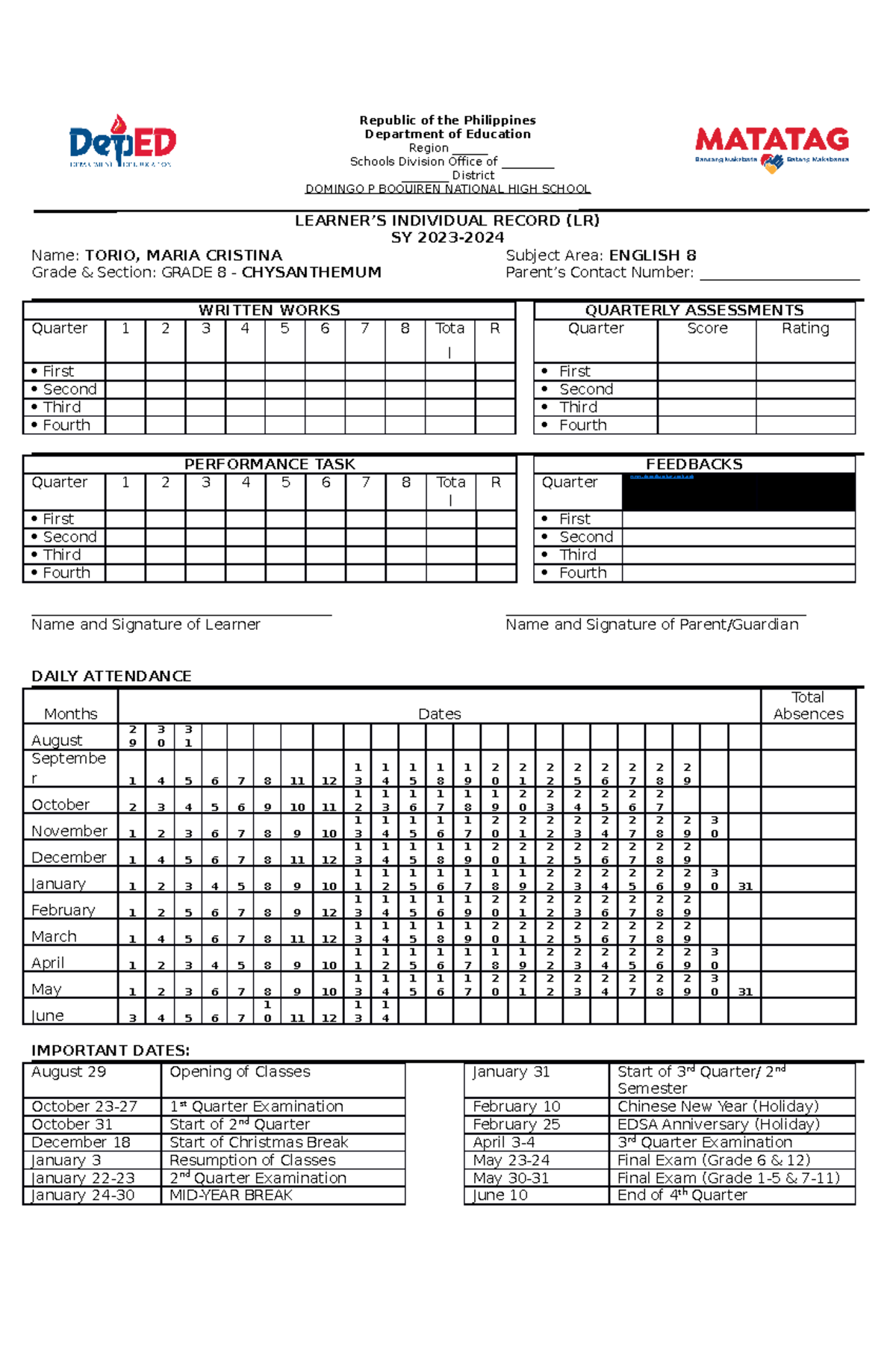 Individual Learner's Record (LR) - Republic of the Philippines ...
