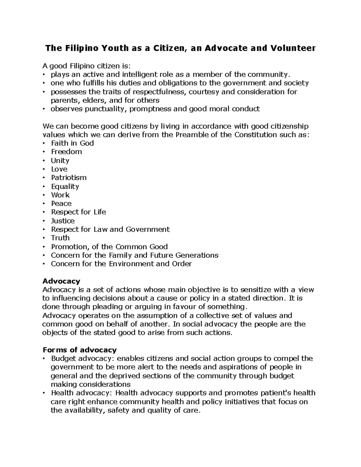 The Filipino Youth as a Citizen Advocate and Volunteer one who