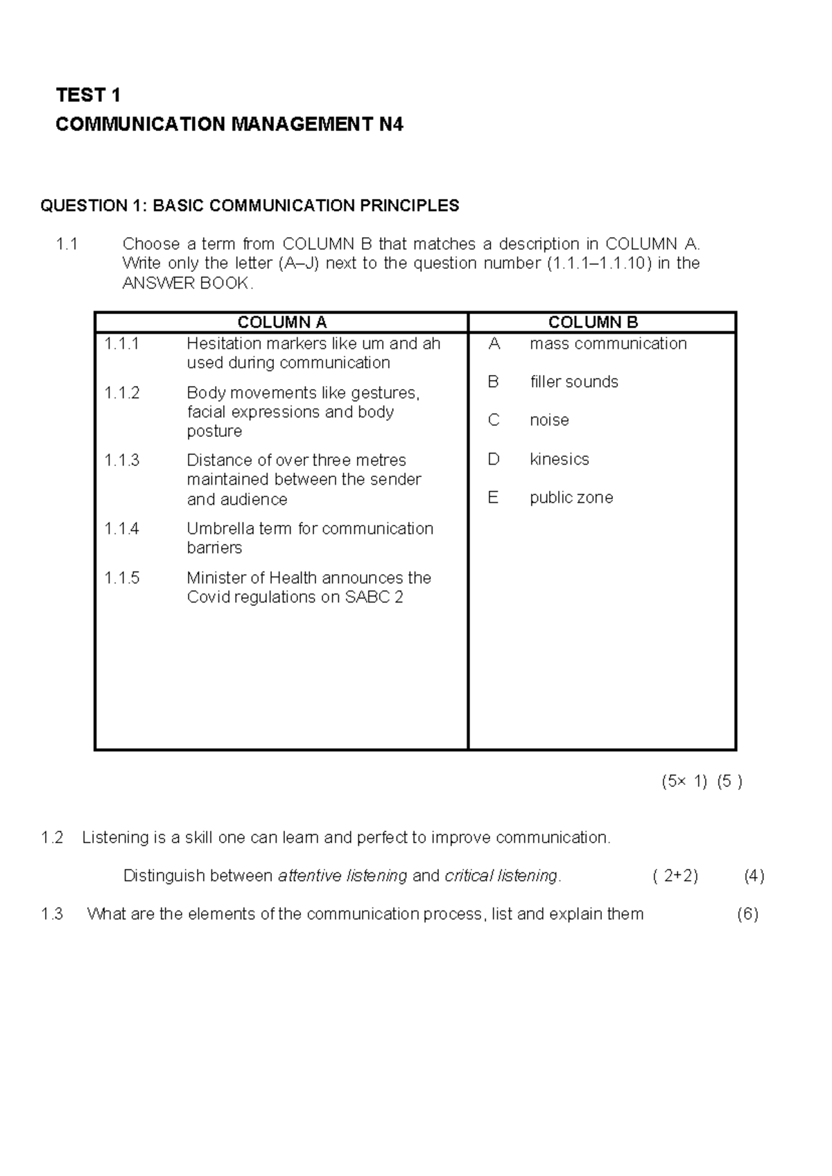 Communication and Management N4 - TEST 1 COMMUNICATION MANAGEMENT N ...