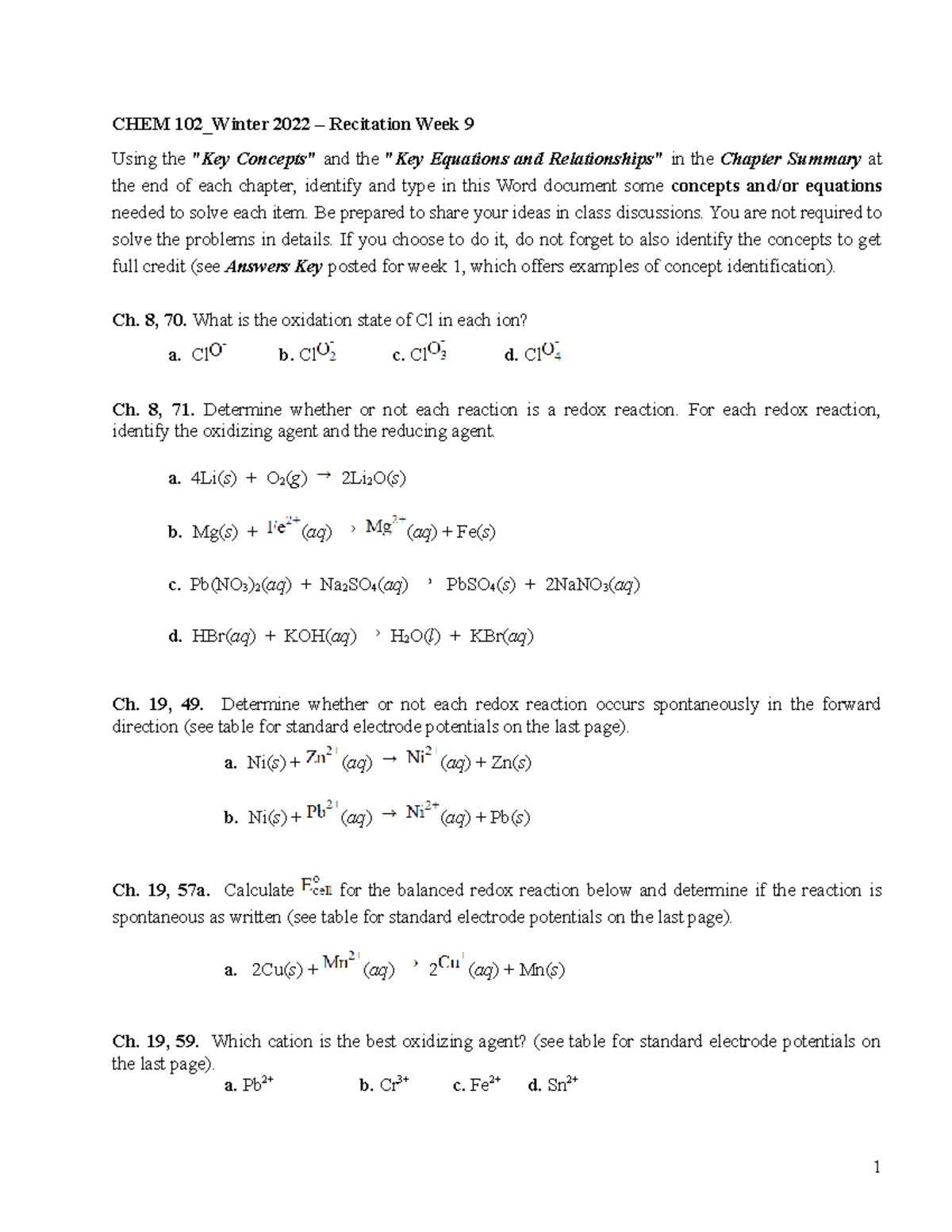 Chem 102 Recitation Week9 W22 Ud Chem 102 Winter 2022 Recitation