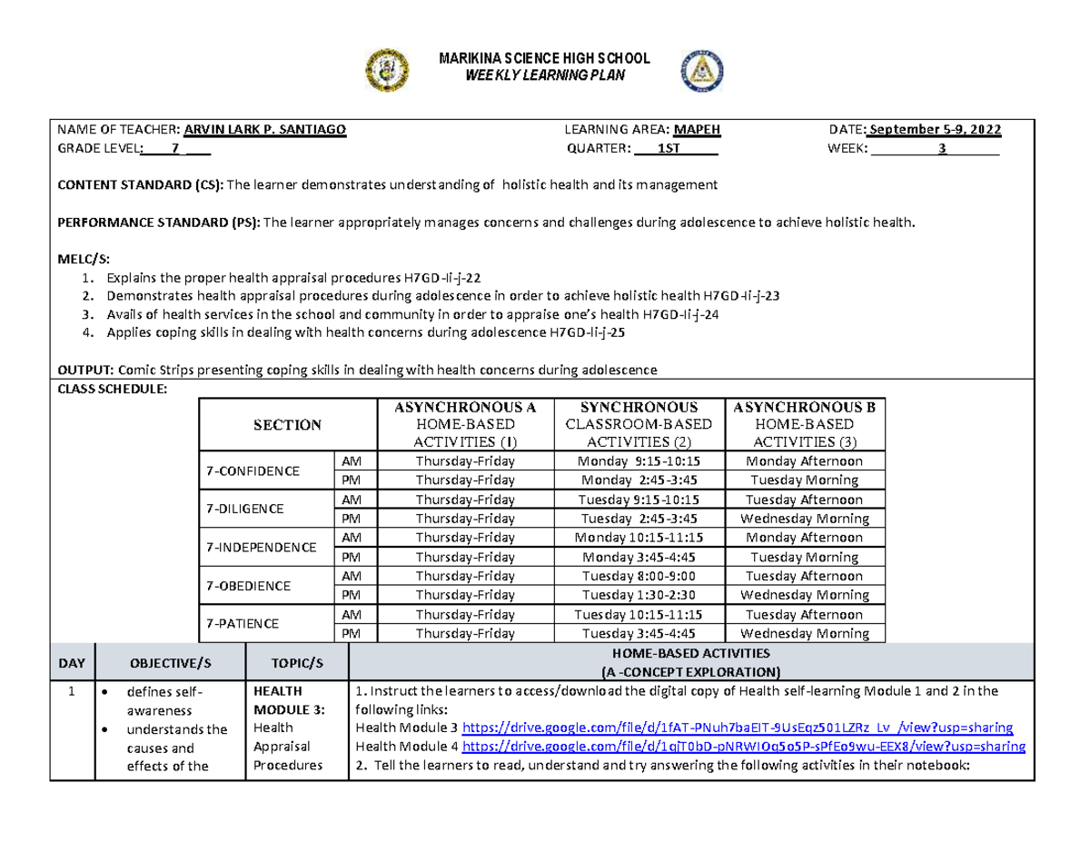 Santiago WLP Q1 WEEK 3 wlp MARIKINA SCIENCE HIGH SCHOOL WEEKLY LEARNING PLAN NAME OF TEACHER