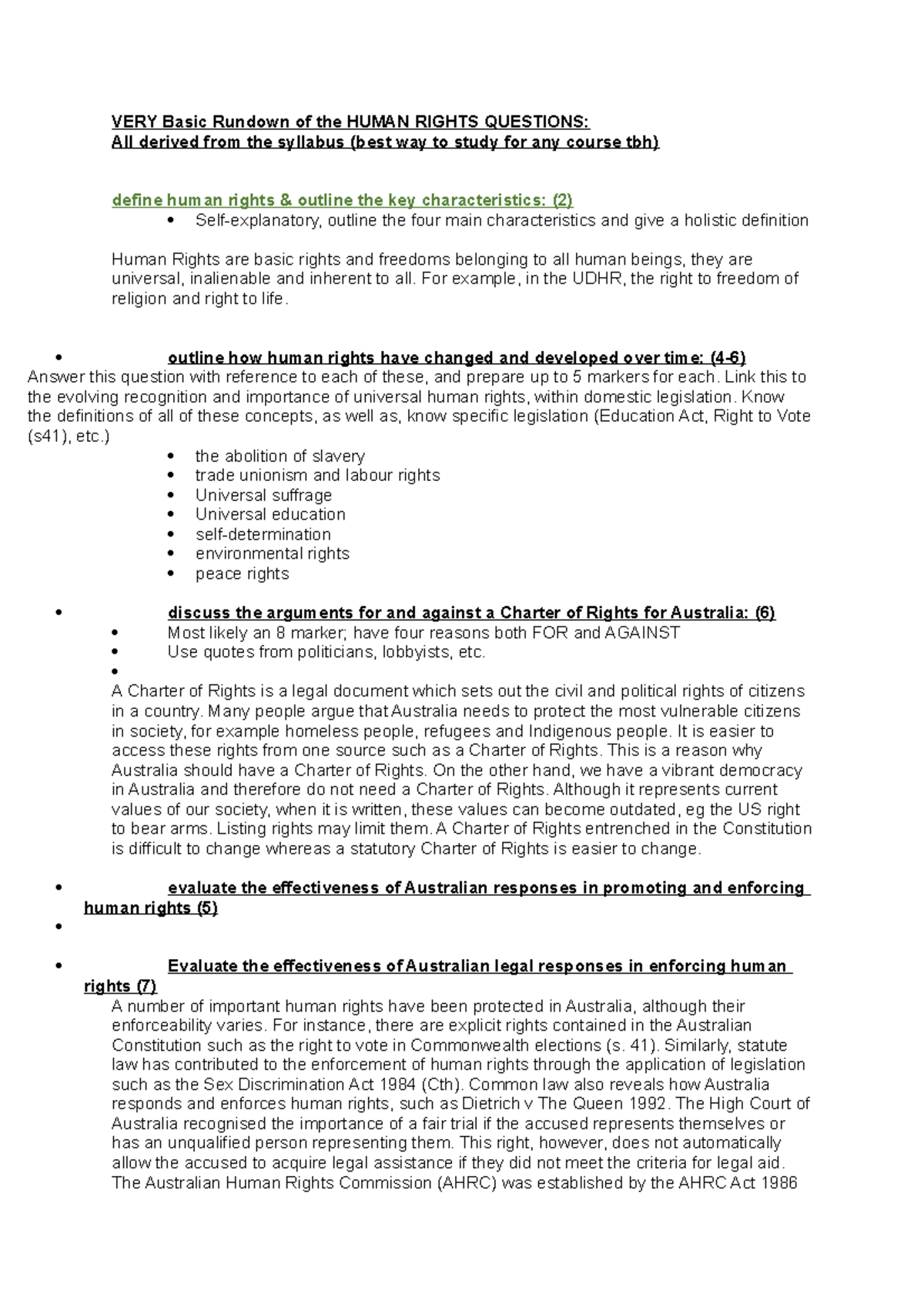 Human rights notes - VERY Basic Rundown of the HUMAN RIGHTS QUESTIONS ...