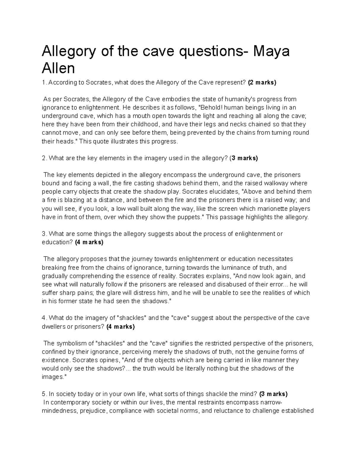 Allegory of the cave questions DONEMaya Allen Allegory of the cave