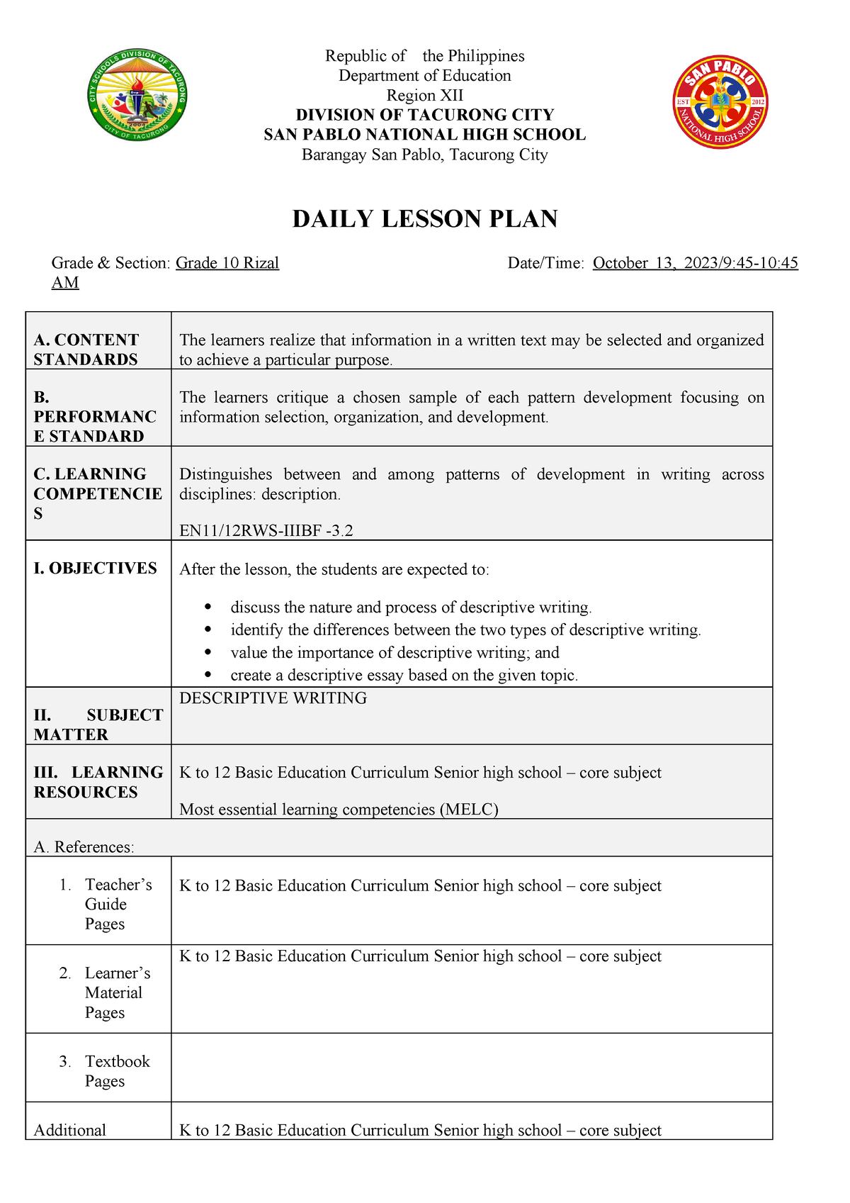 Lesson Plan Descriptive Republic Of The Philippines Department Of Education Region Xii 1464