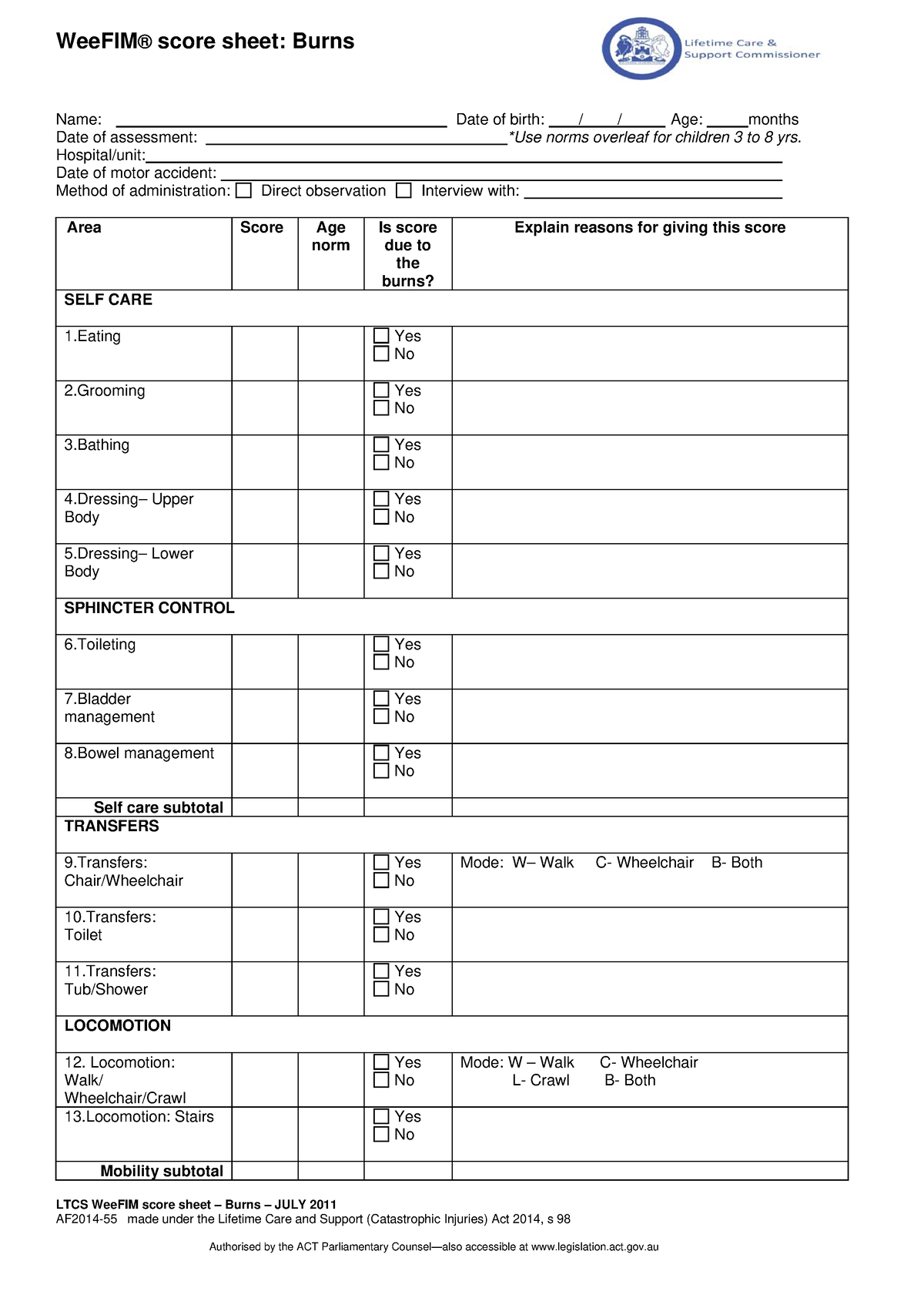 Wee FIM score sheet Burns - act.gov Name: Date of birth: / / Age ...