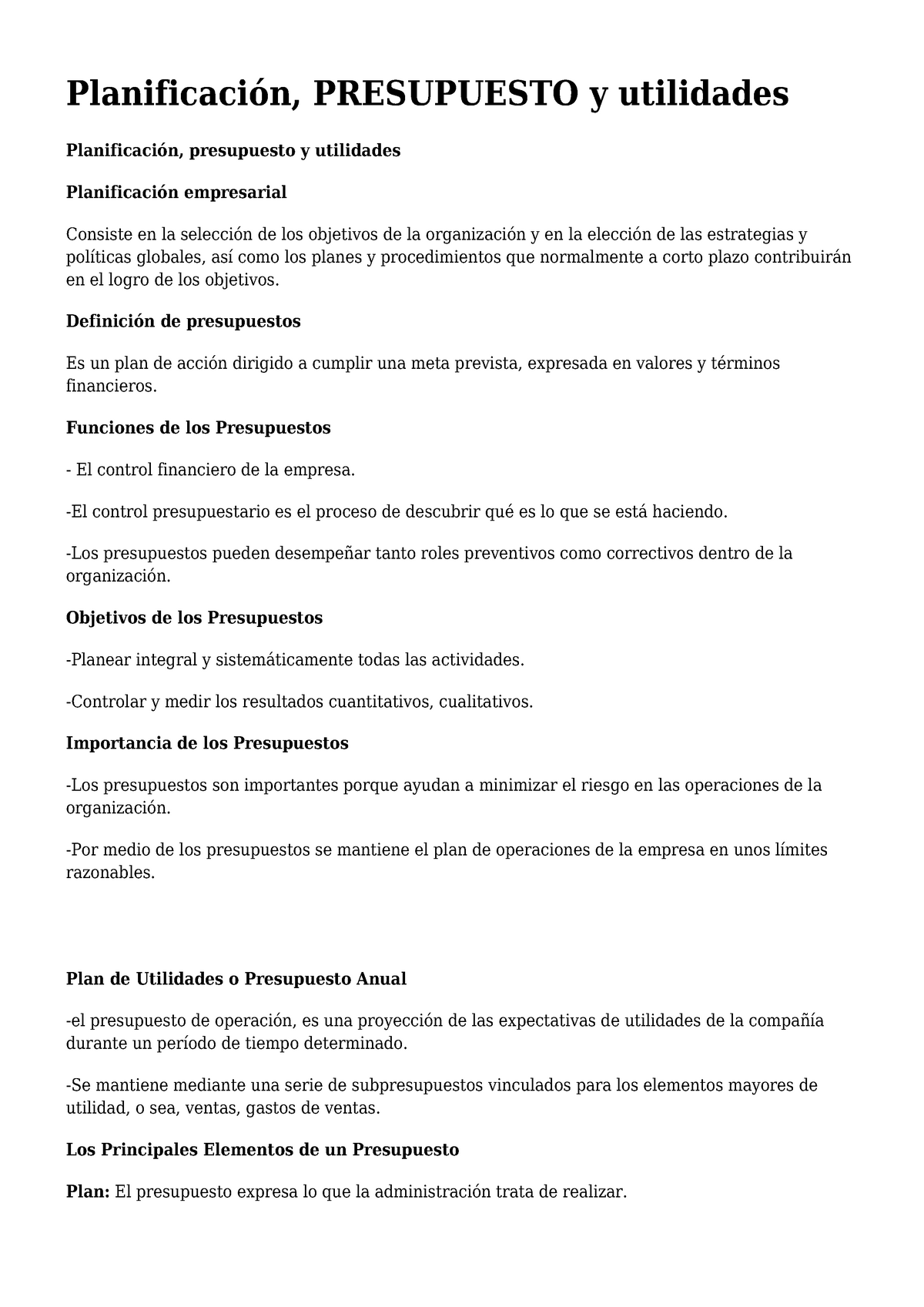 Resumen Planificacion Presupuesto Y Utilidades Planificación Presupuesto Y Utilidades 8646