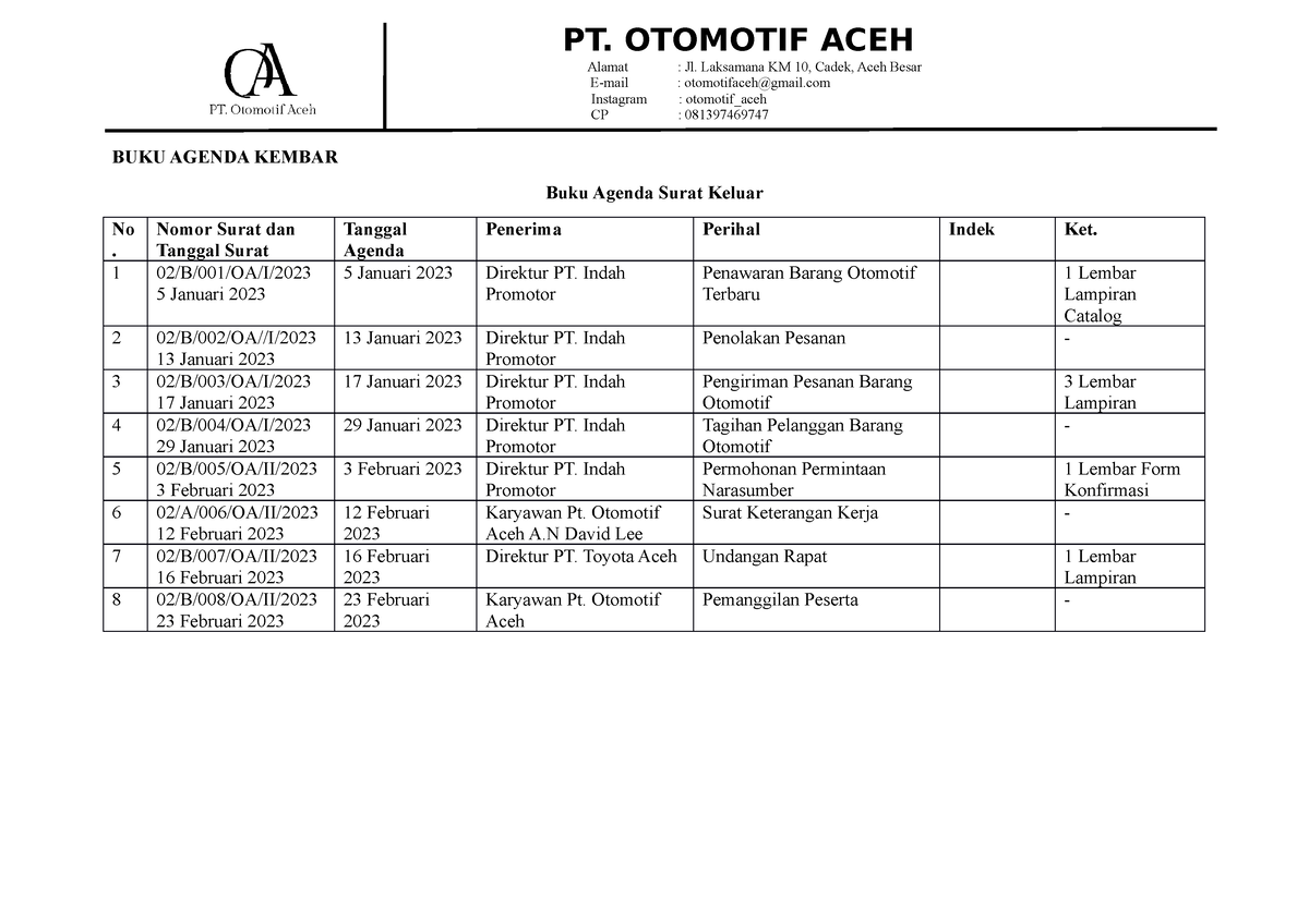 Buku Agenda Kembar - Administrasion Of Office - PT. OTOMOTIF ACEH ...