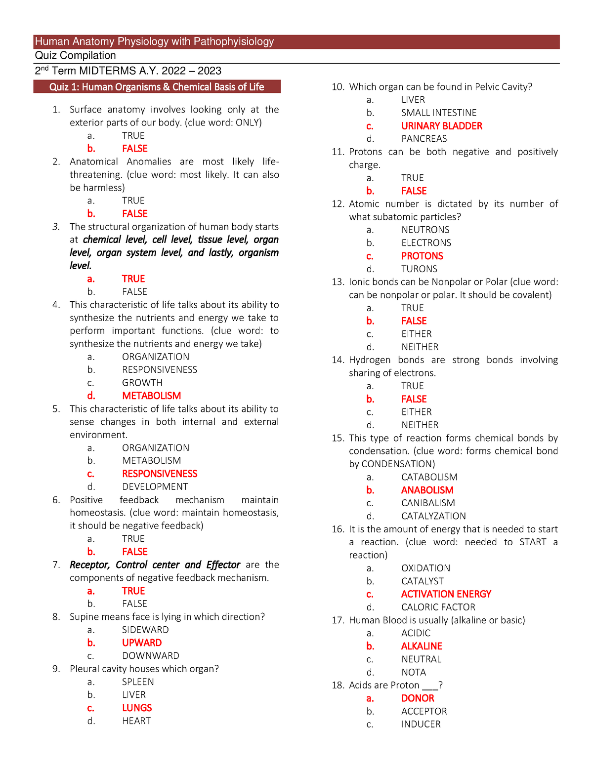 Anaphy With Pathophysio Reviewer - Quiz Compilation 2 Nd Term MIDTERMS ...