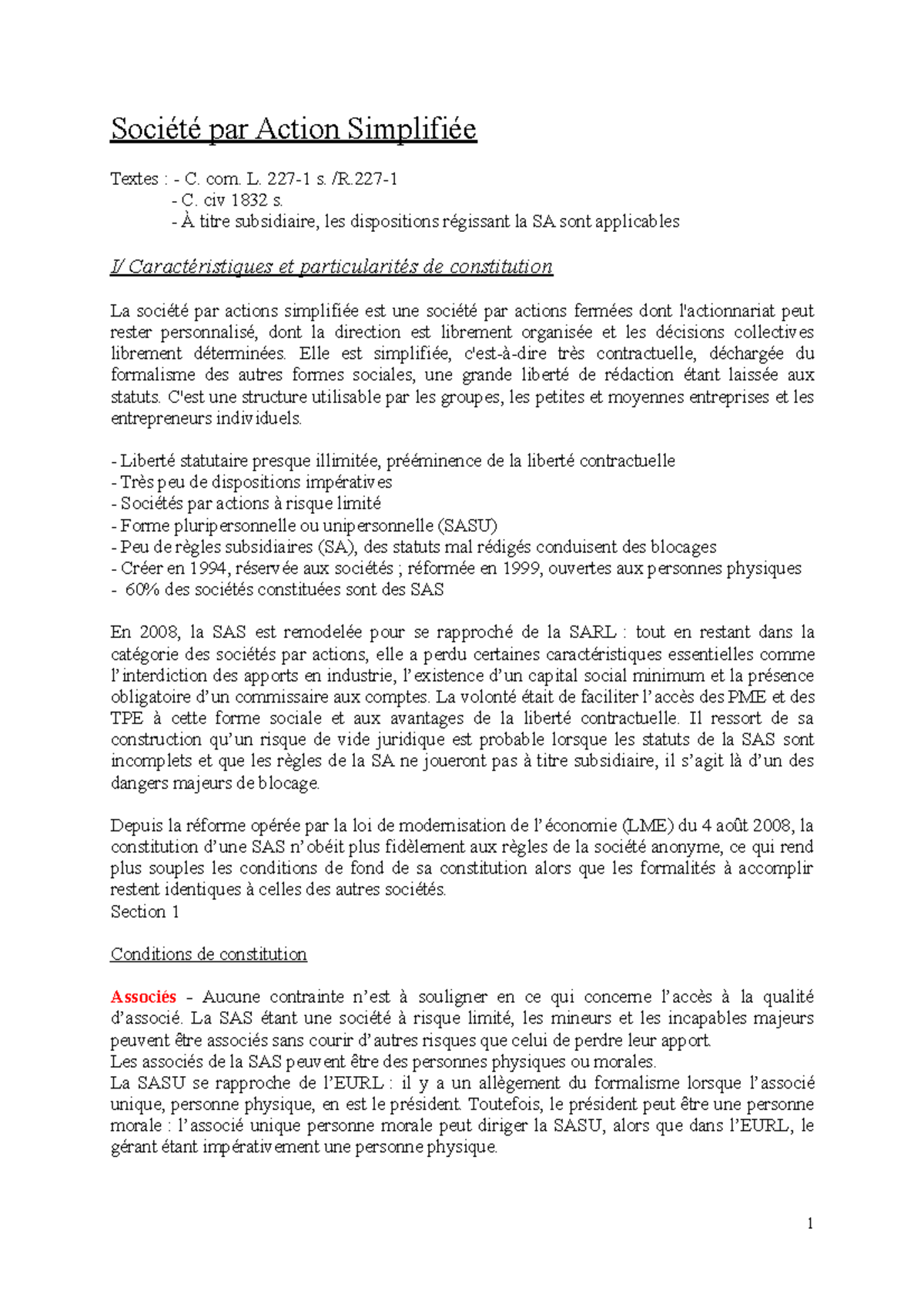 Résumé DAF Société par Actions Simplifiée Société par Action Simplifiée Textes C. com. L