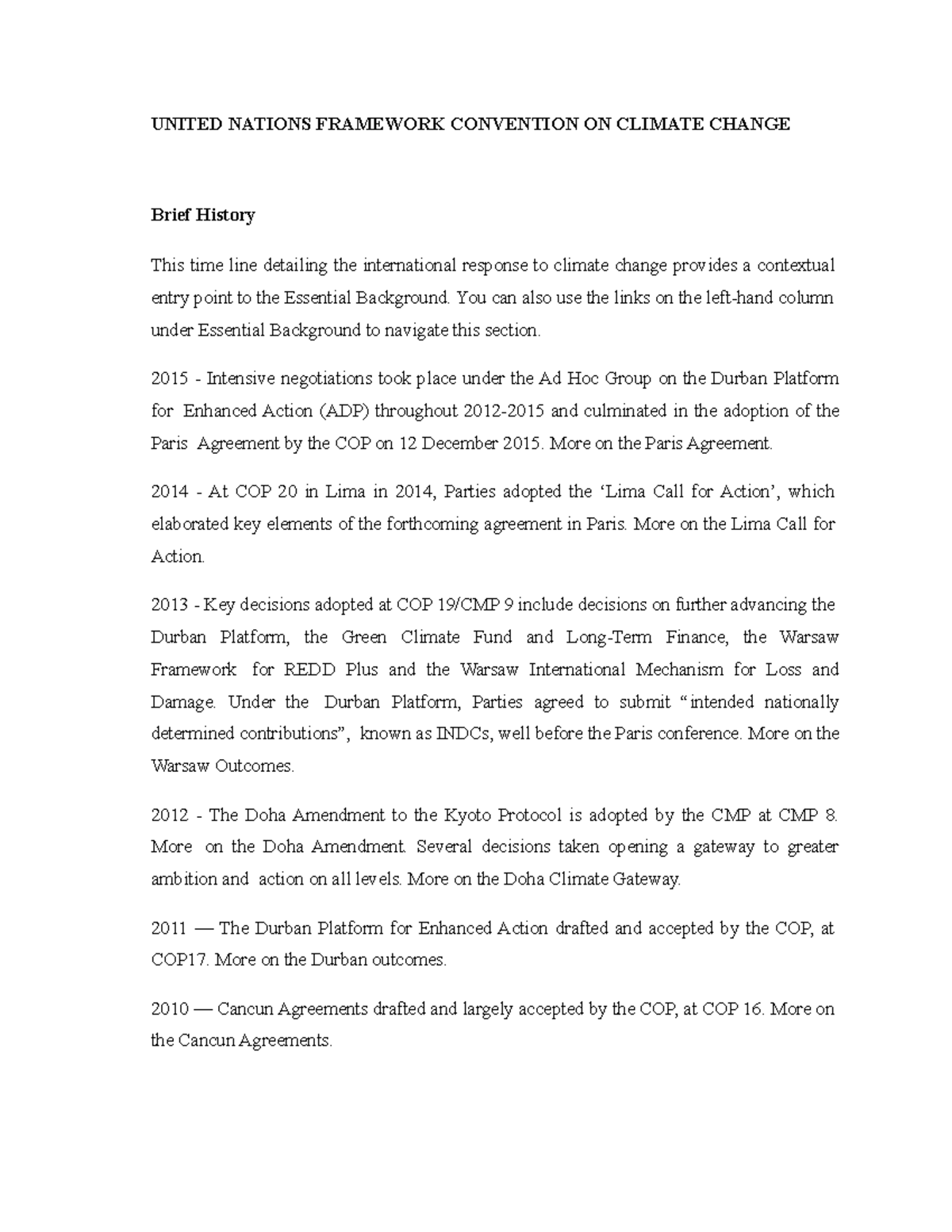 Unfccc - UNITED NATIONS FRAMEWORK CONVENTION ON CLIMATE CHANGE Brief ...