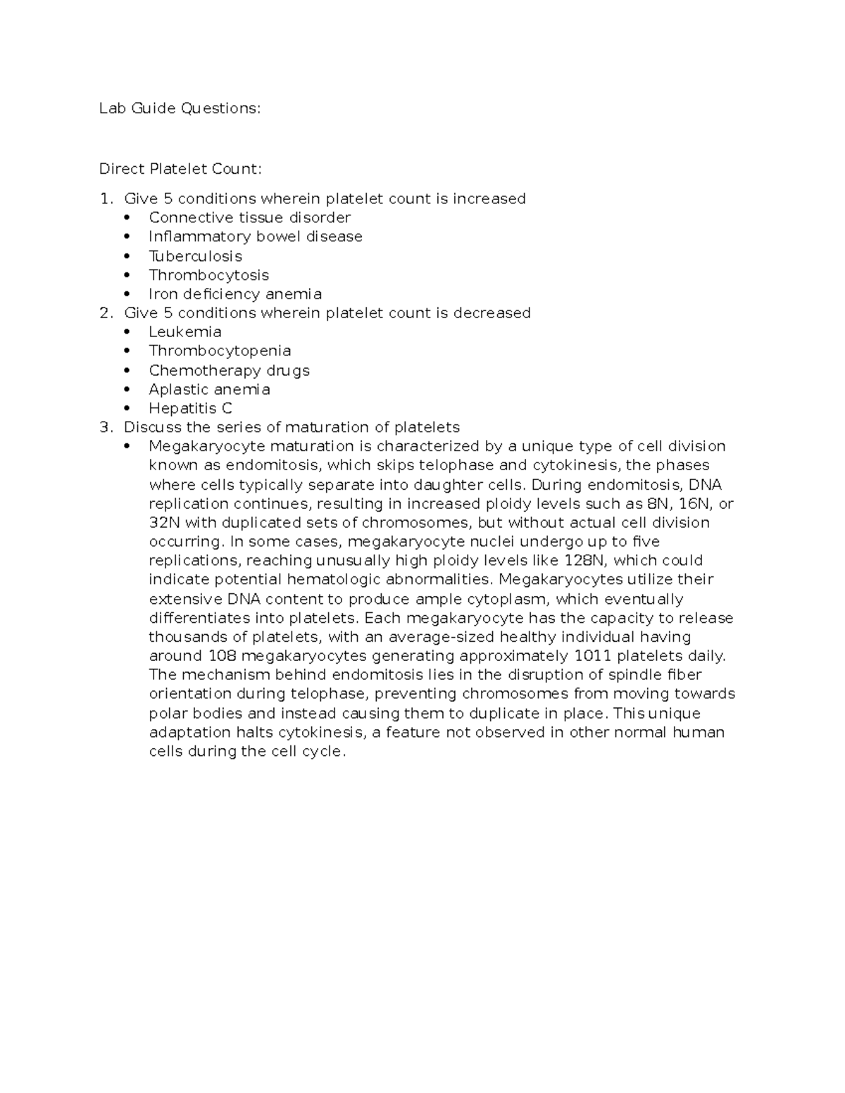 PLATELET COUNT LAB ACTIVITY - Lab Guide Questions: Direct Platelet ...