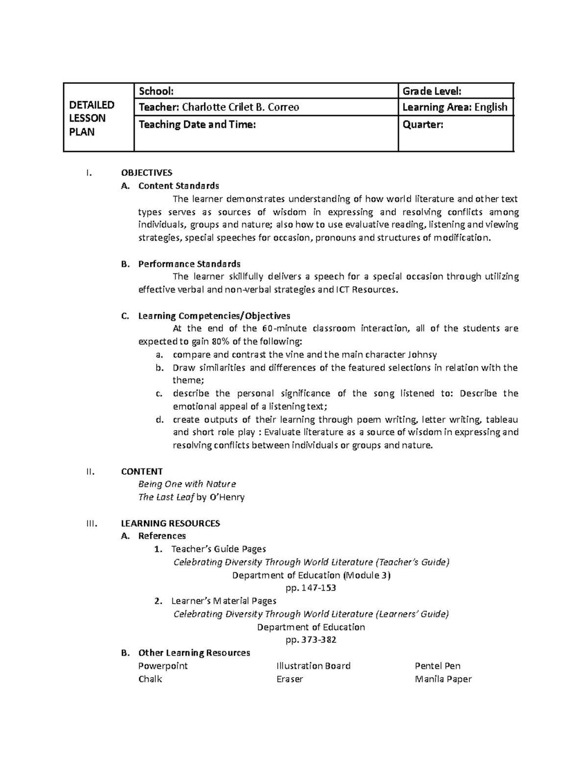 Detailed Lesson PLAN - DETAILED LESSON PLAN School: Grade Level ...