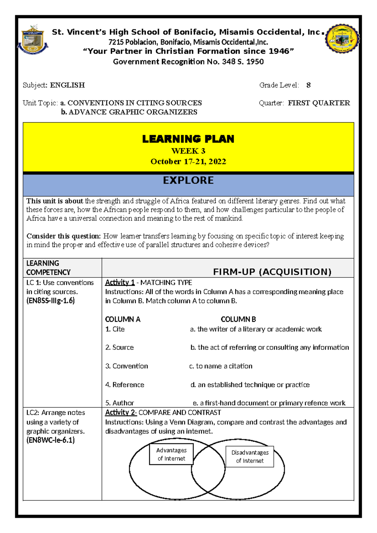 English 8-Unit Plan - St. Vincent’s High School of Bonifacio, Misamis ...