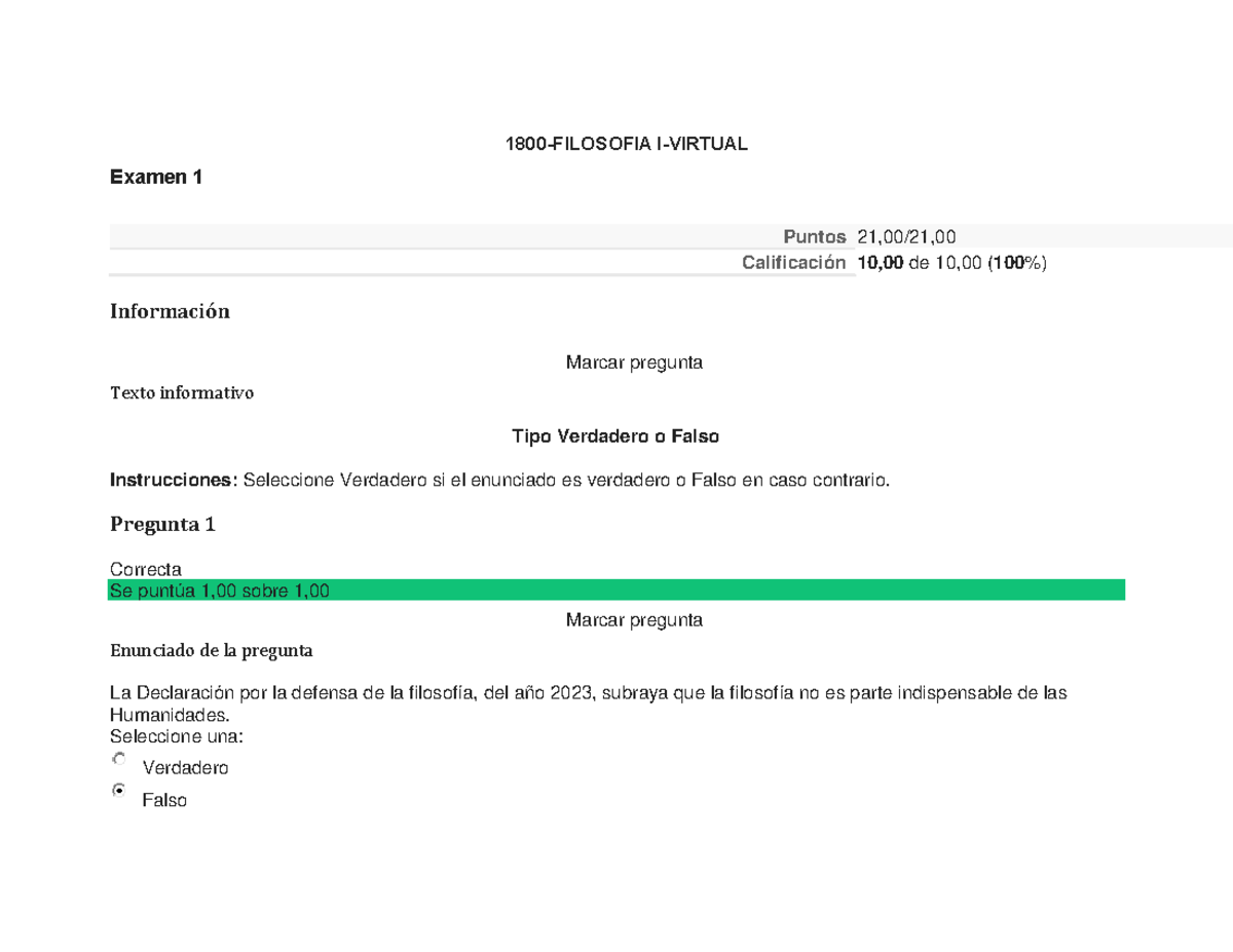 Examen 1 - 1800 - FILOSOFIA I-VIRTUAL Examen 1 Puntos 21,00/21
