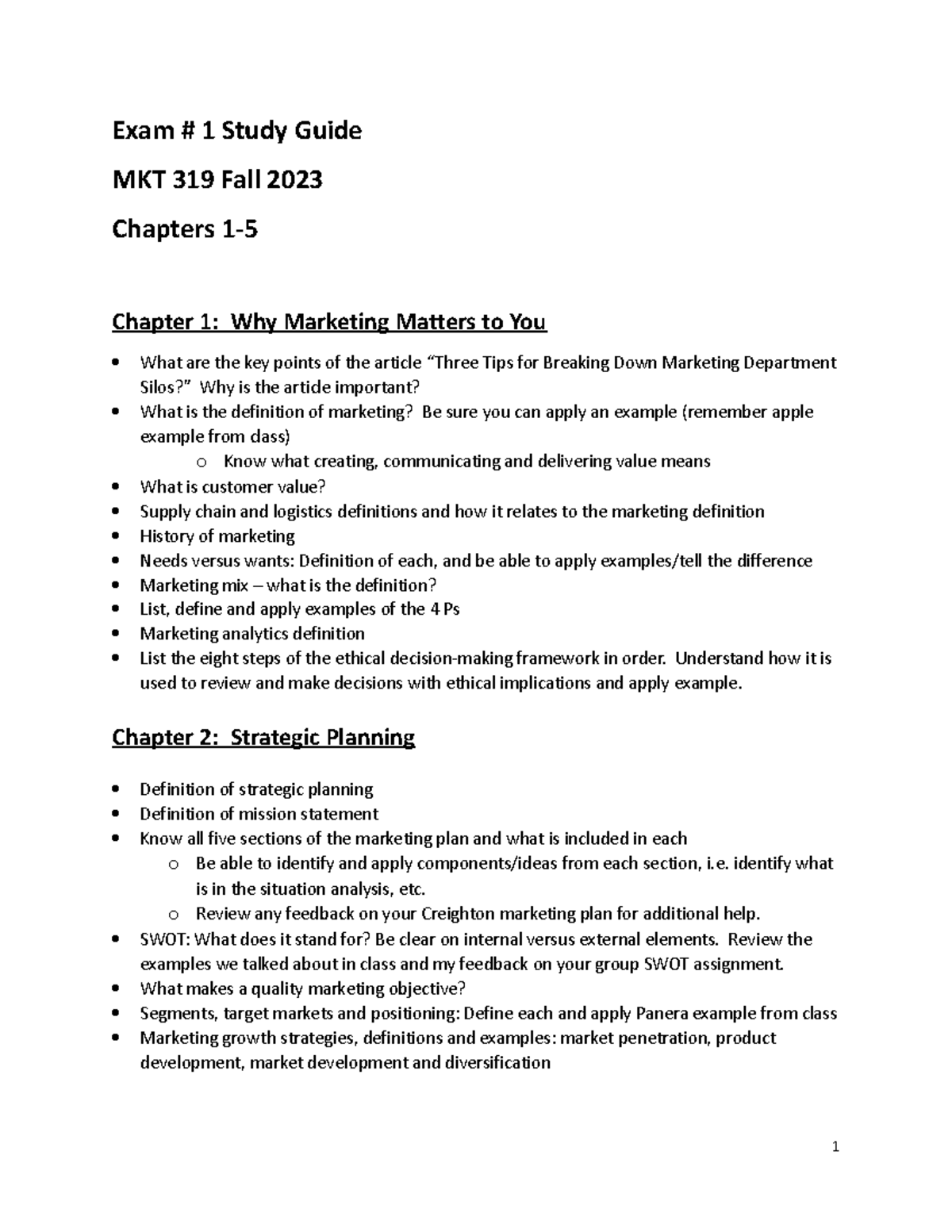 Exam 1 Study Guide Fall 2023 Exam 1 Study Guide MKT 319 Fall 2023 Chapters 1 Chapter 1 Why