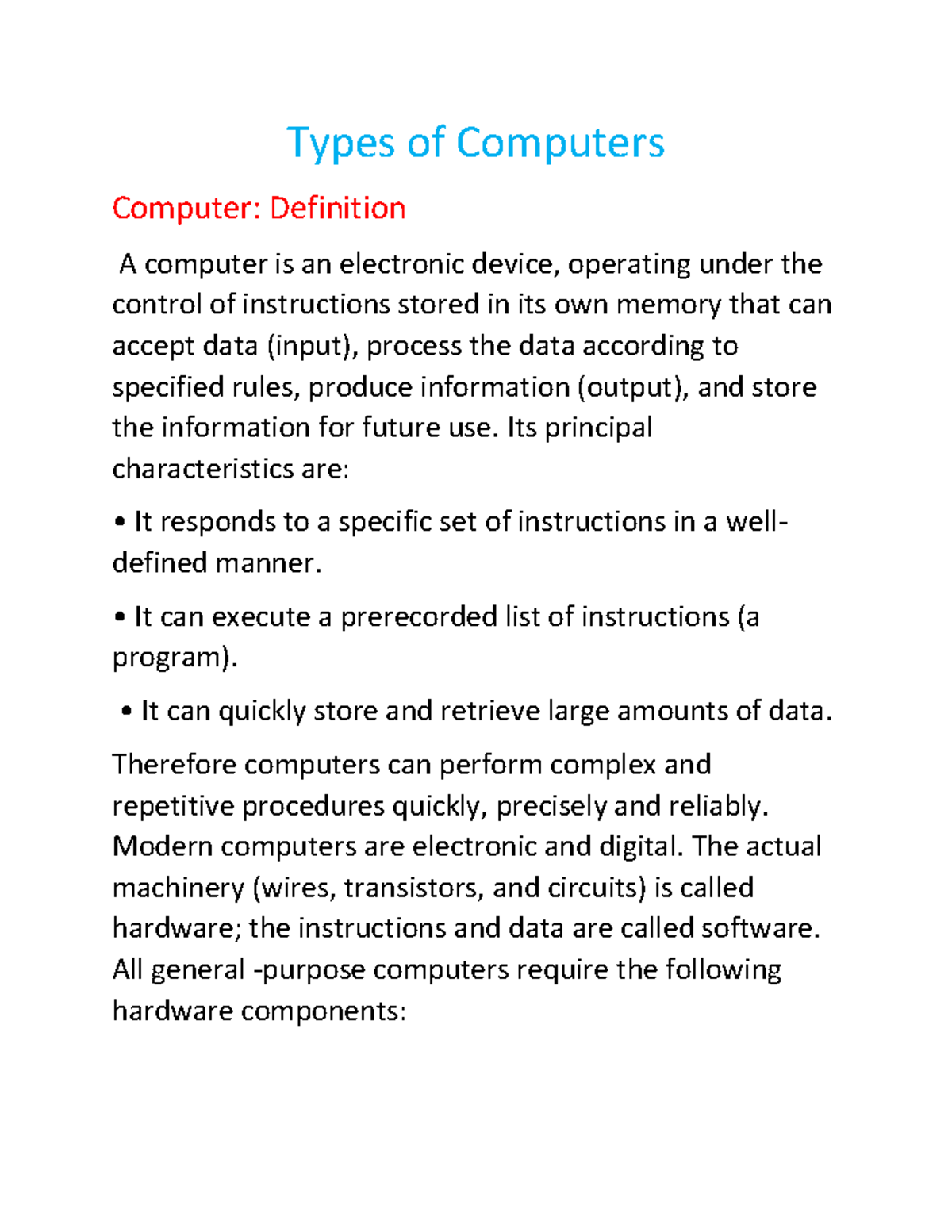 2 - introduction to computer science - Types of Computers Computer ...