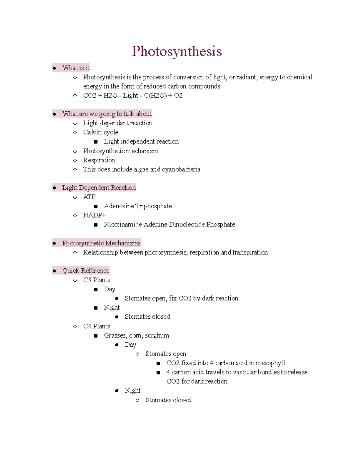 Photosynthesis Studocu