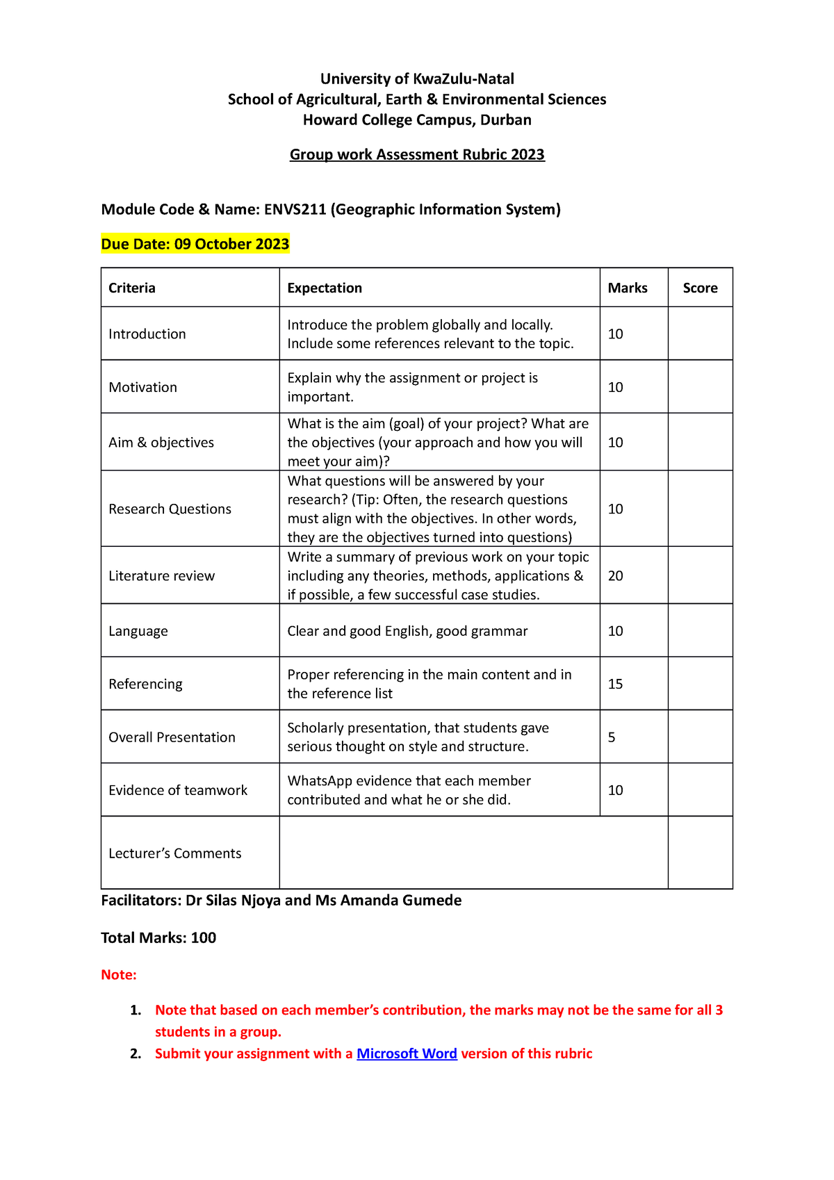 ENVS211 Groupwork Assessment Rubric 2023 - University Of KwaZulu-Natal ...