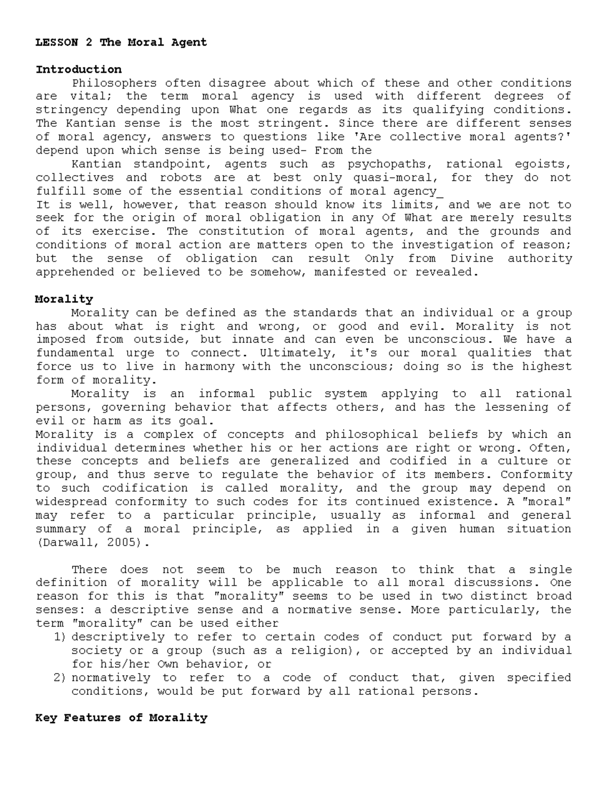 C1 L2 The Moral Agent - notes - LESSON 2 The Moral Agent Introduction ...