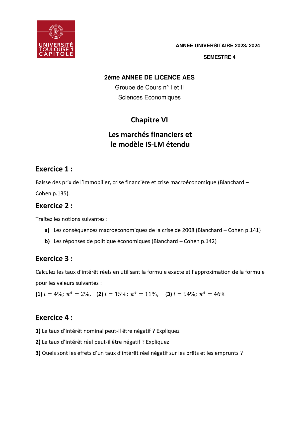 Série Dexercices Semestre 2-2023-2024 - ANNEE UNIVERSITAIRE 20 23 / 20 ...