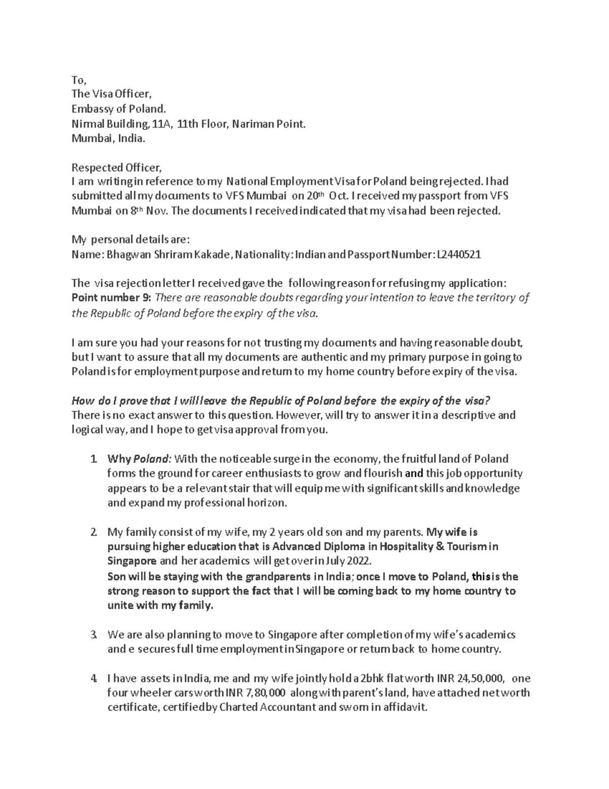 Reappeal Letter - Resee - To, The Visa Officer, Embassy of Poland ...