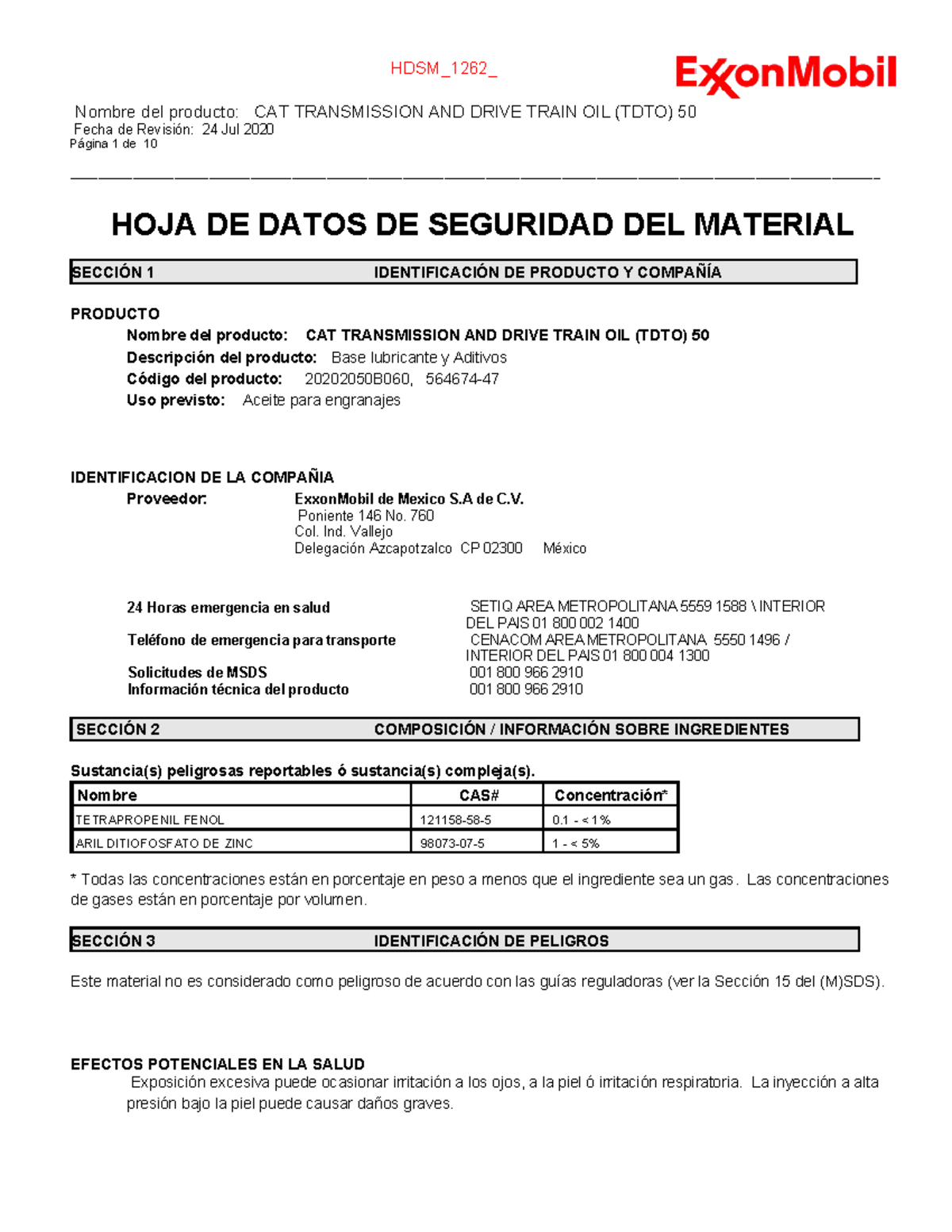 MSDS SAE 50 CAT Transmission AND Drive Train OIL HOJA DE DATOS DE