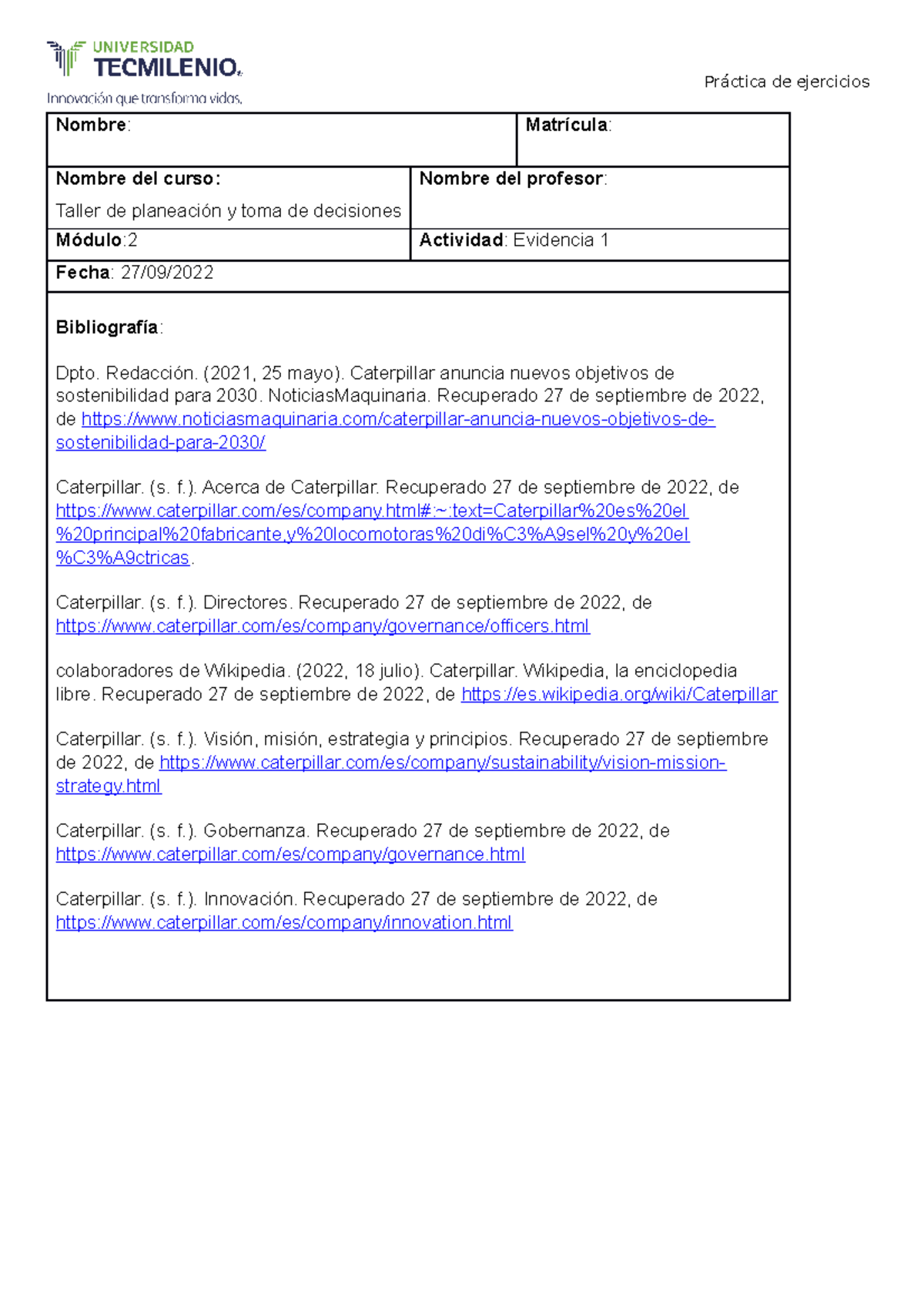Evidencia 1 planeación - Nombre : Matrícula : Nombre del curso: Taller ...