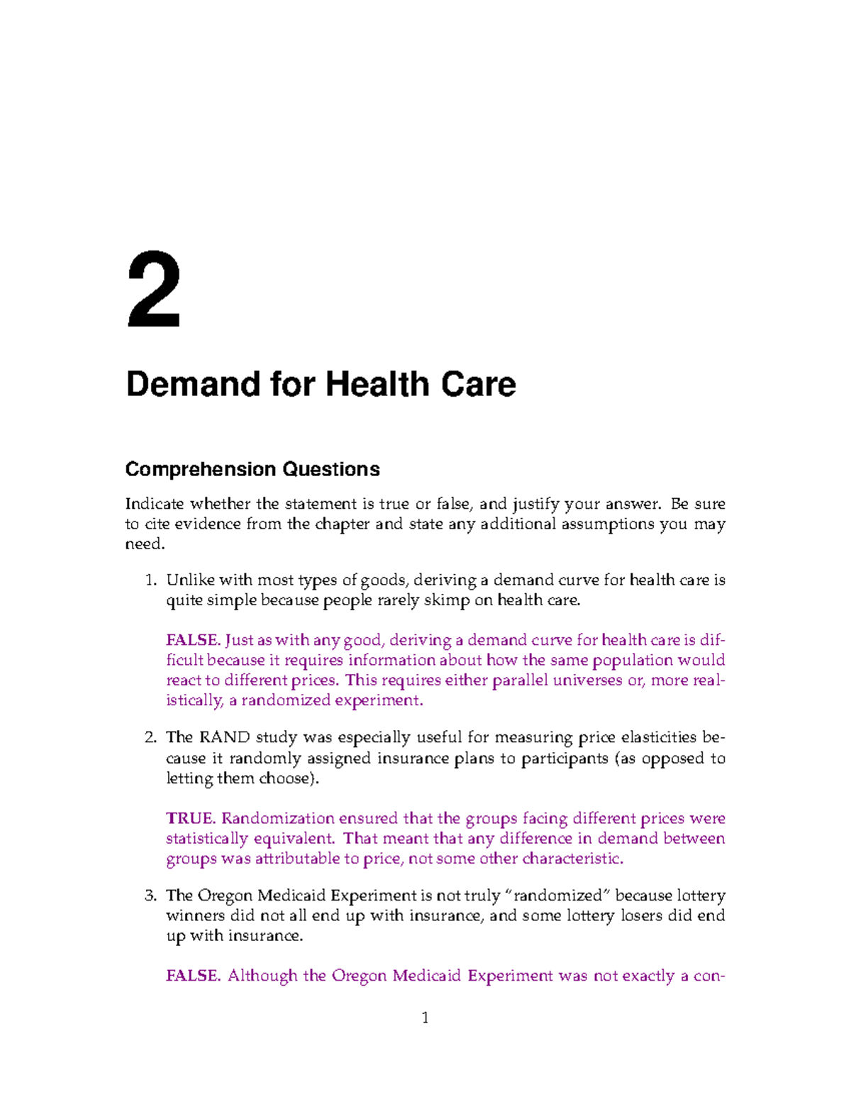 Ch 2 comprehension only - 2 Demand for Health Care Comprehension ...