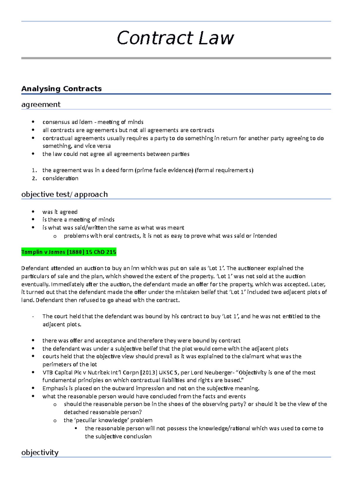 Contract law master - Contract Law Analysing Contracts agreement ...