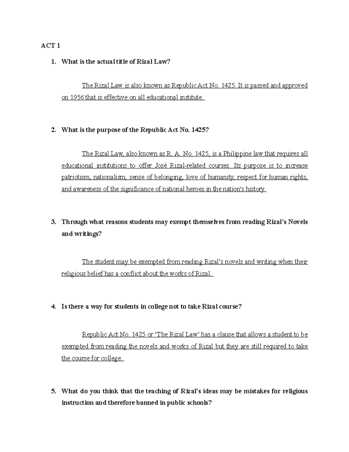 R1-11 - Chapter 1-11 - ACT 1 What is the actual title of Rizal Law? The ...