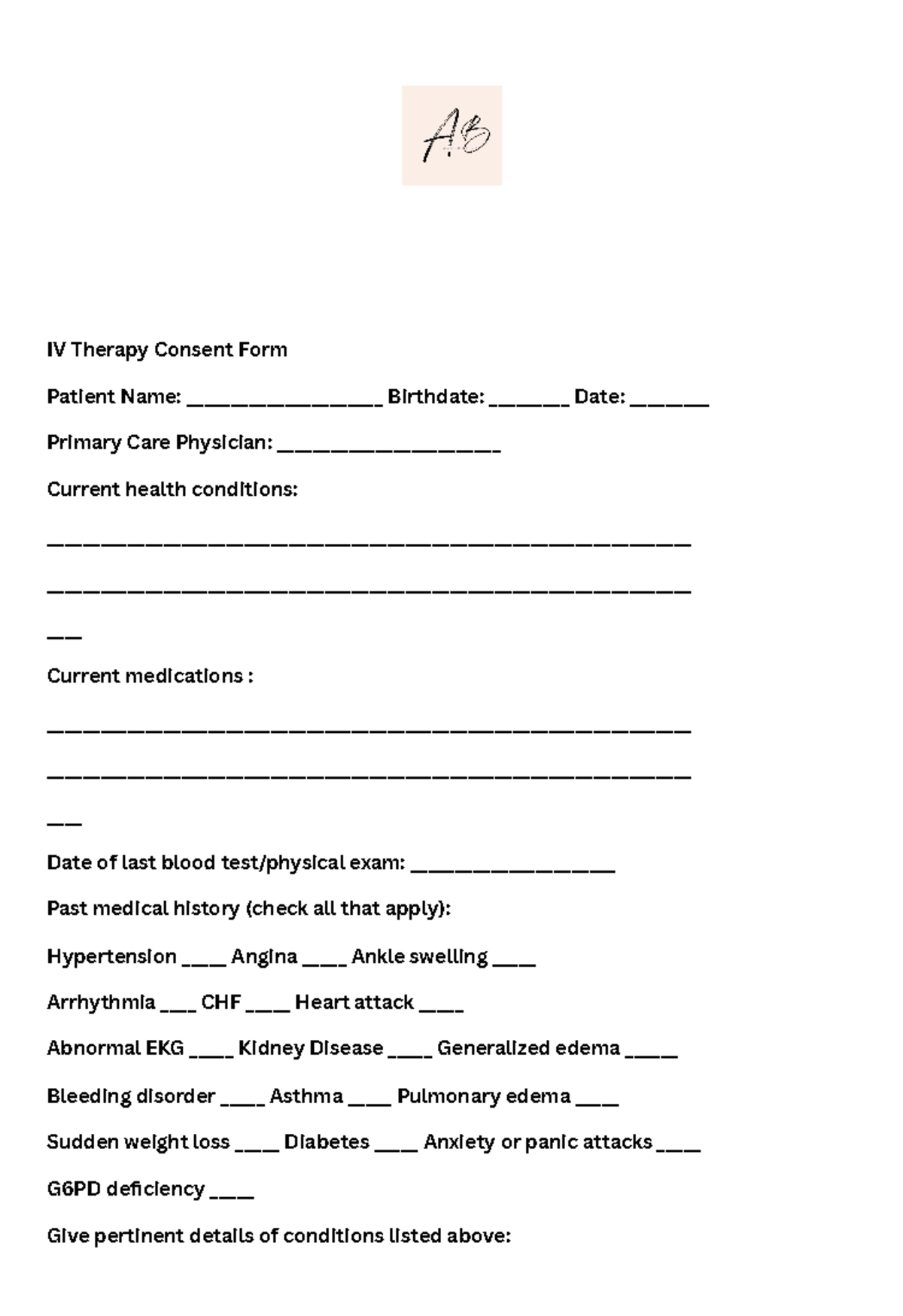 IV Therapy Consent Form IV Therapy Consent Form Patient Name 