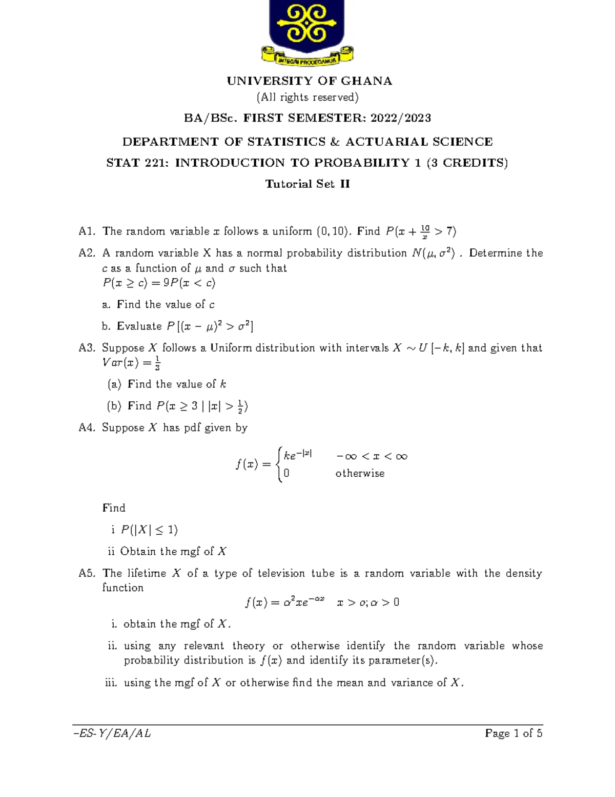 Tutorial 2 STAT 221 - UNIVERSITY OF GHANA (All rights reserved) BA/BSc ...