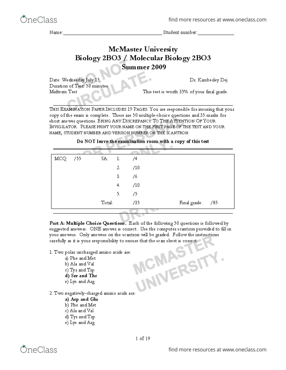 Midterm 1 August 2011, questions and answers - Name