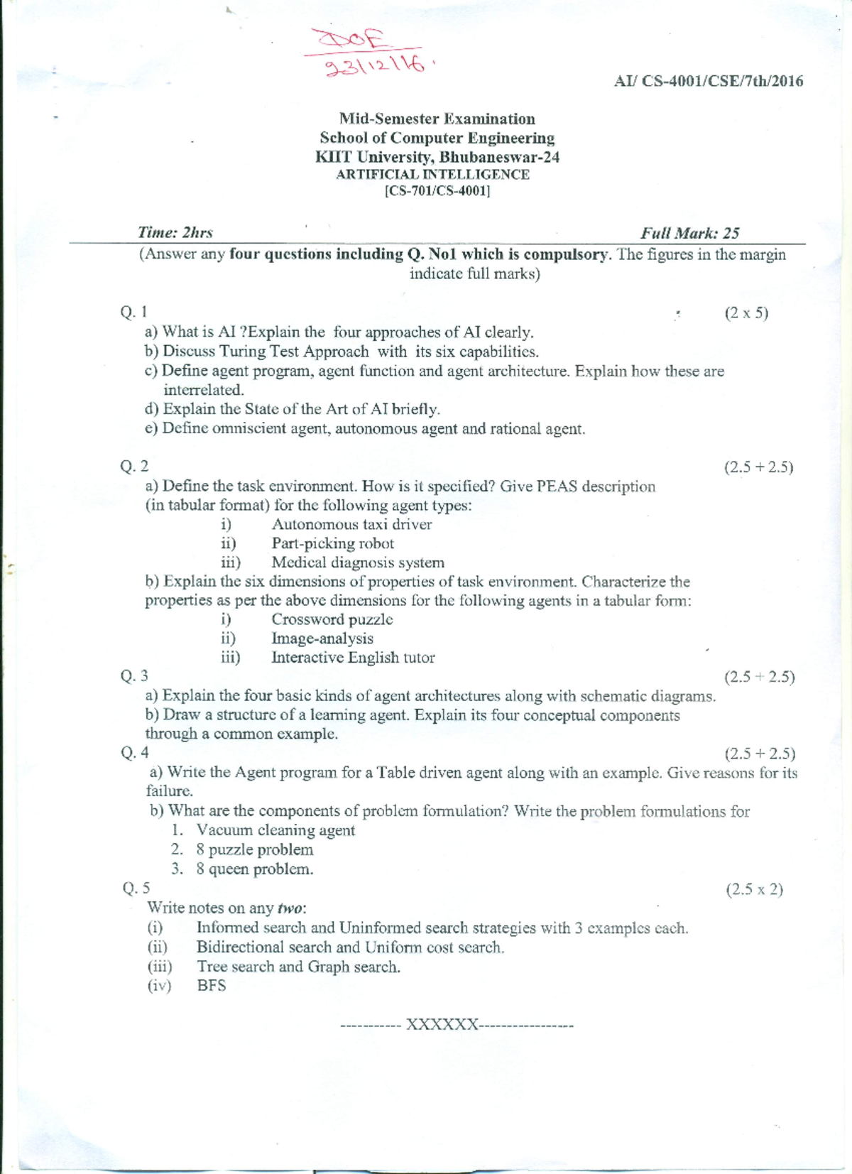 7th Semester B Tech , Artificial Intelligence, CS-701CS-4001 – Mid Sem ...