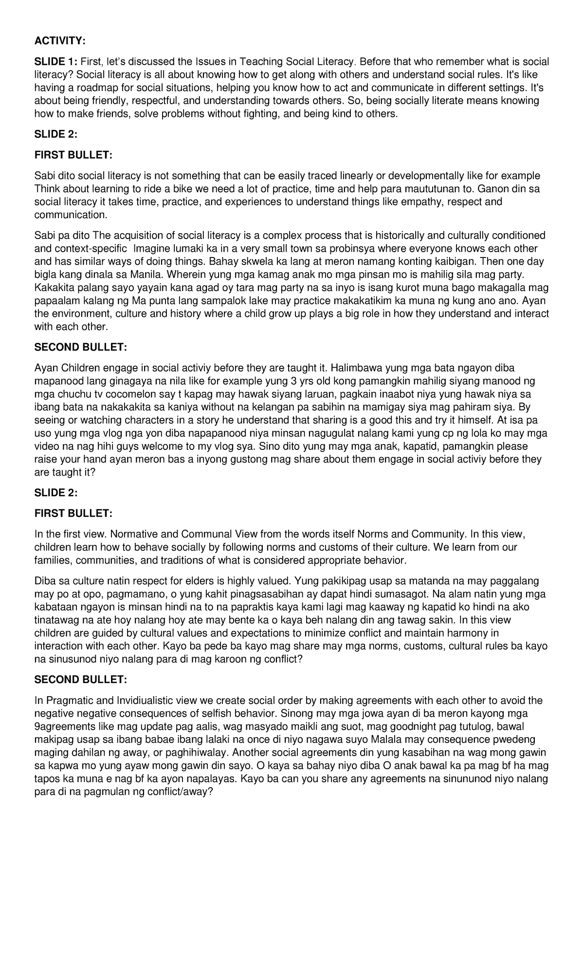 Social Literacy Script - ACTIVITY: SLIDE 1: First, let’s discussed the ...
