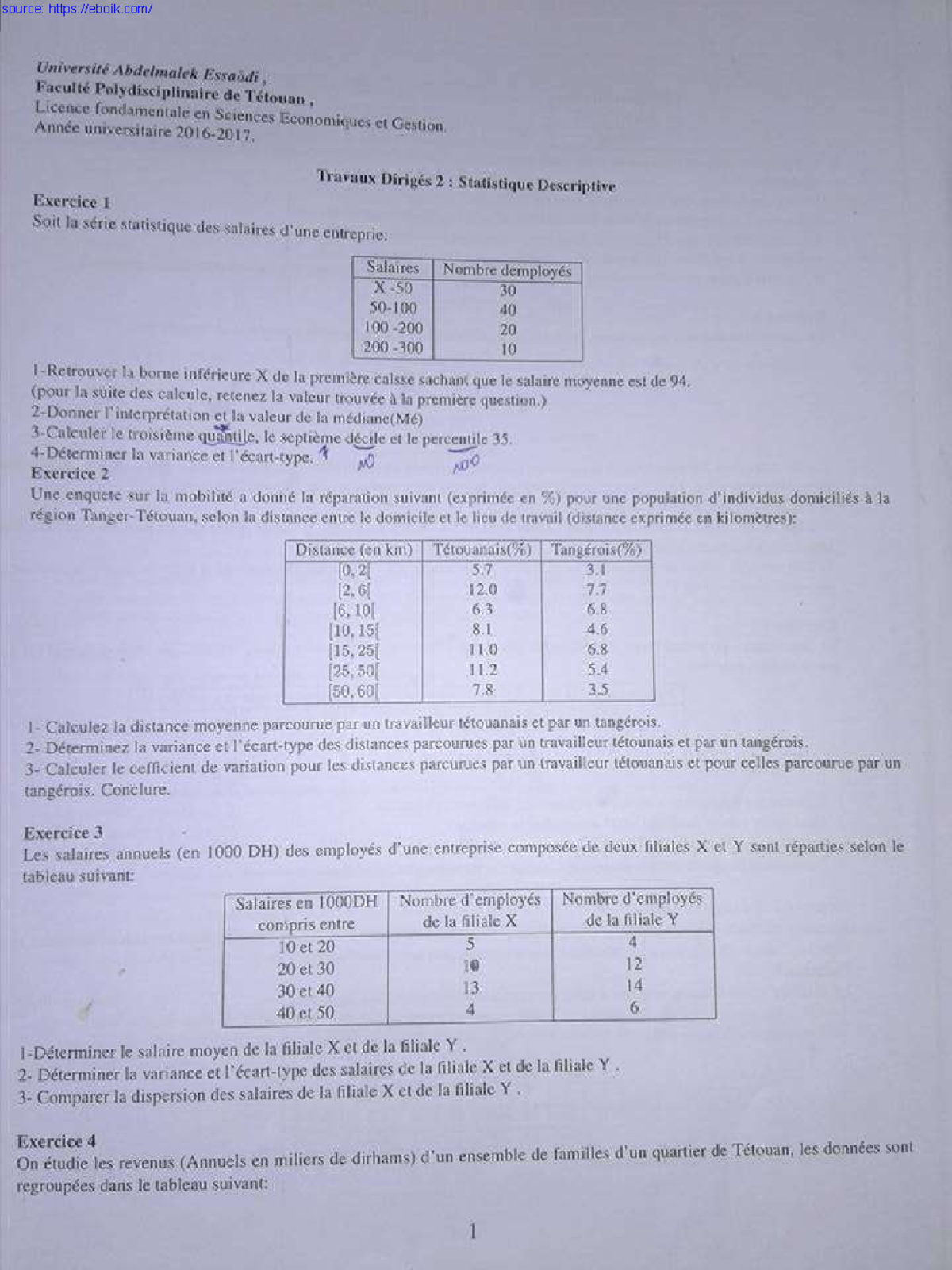 Exercices Probabilité Et Statistique 3 S3 Statistique Probabilité Exercices Probabilité Et Statistique 3 S3 Statistique Probabilité