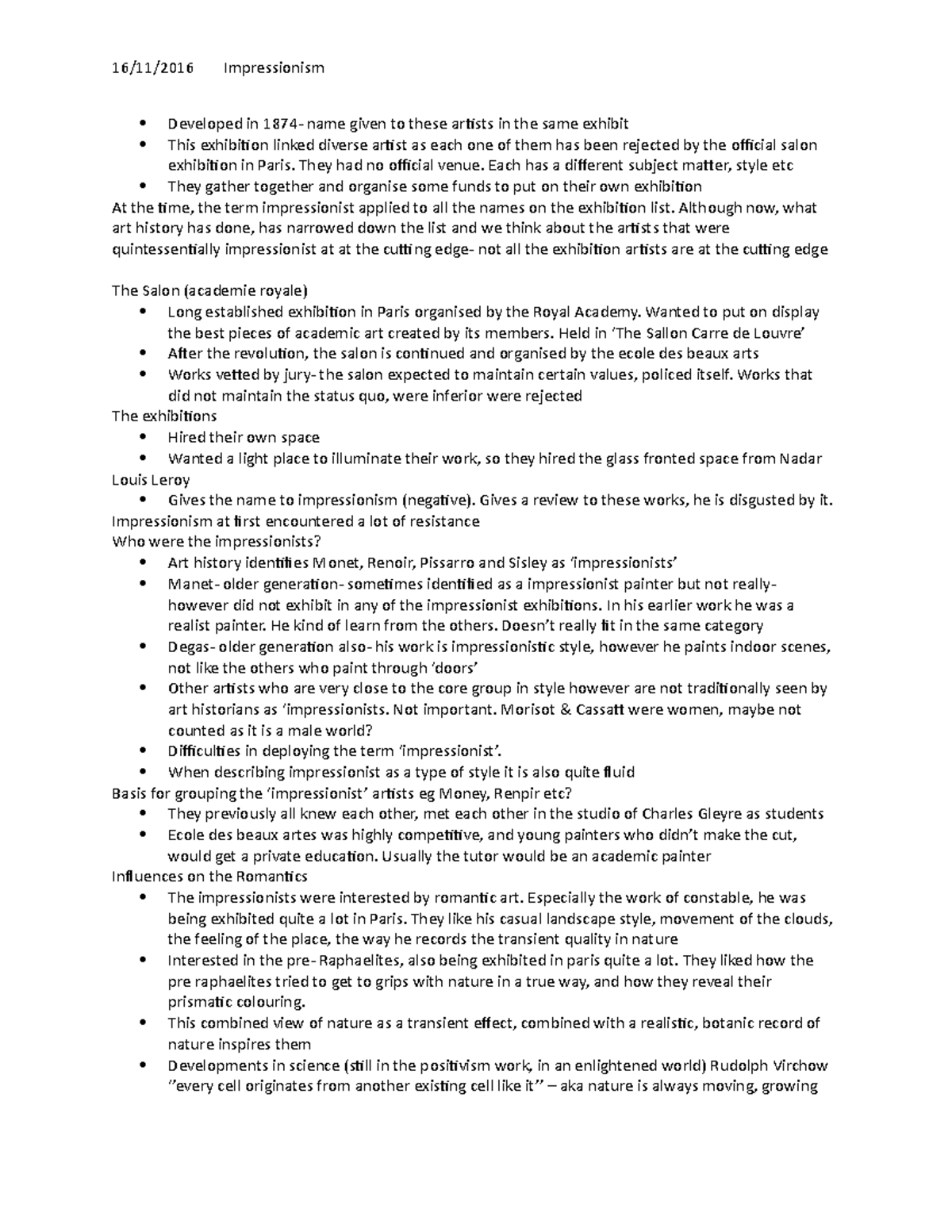 6. Impressionism - Lecture notes 6 - 16/11/2016 Impressionism Developed ...