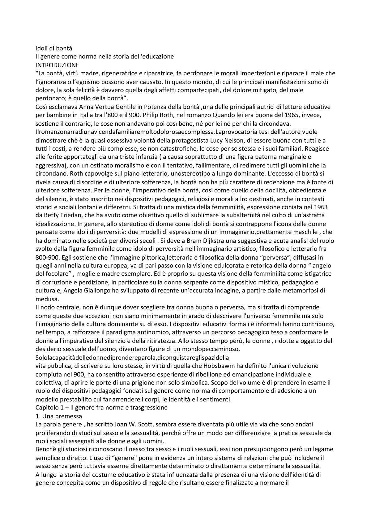 Documento Riassunto del libro Idoli di bontà per lesame di storia dei processi educativi