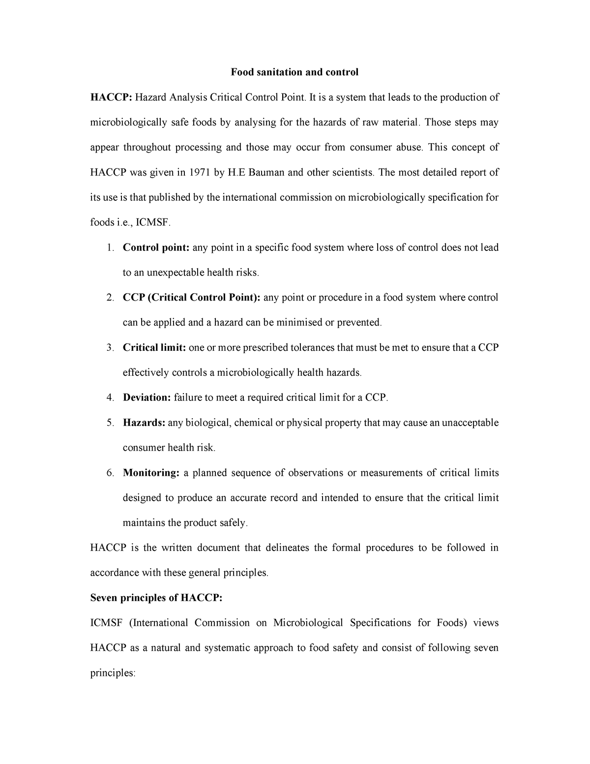 Haccp - Food sanitation and control HACCP: Hazard Analysis Critical ...