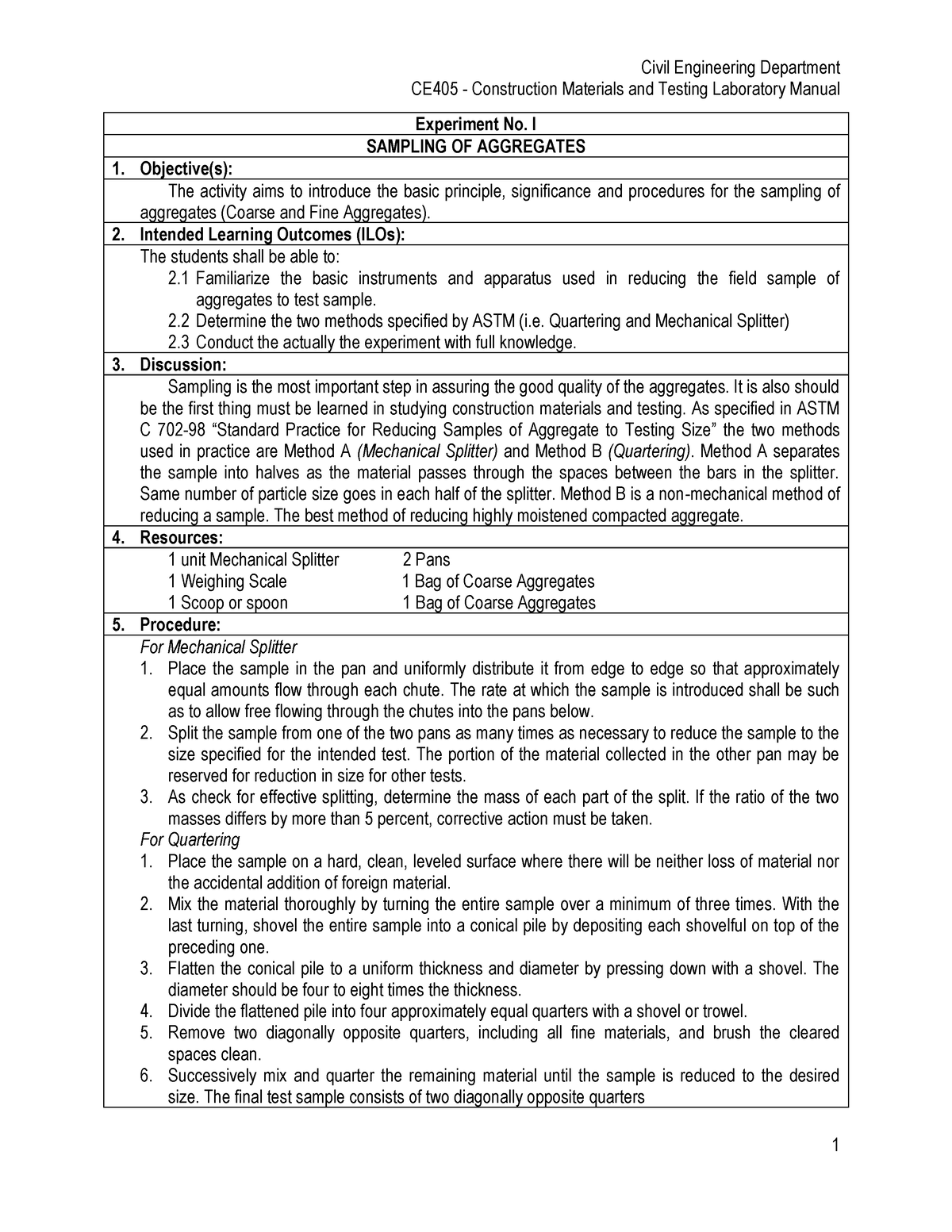 CE405 Experiment 1 Sampling of Aggregates - CE405 - Construction ...