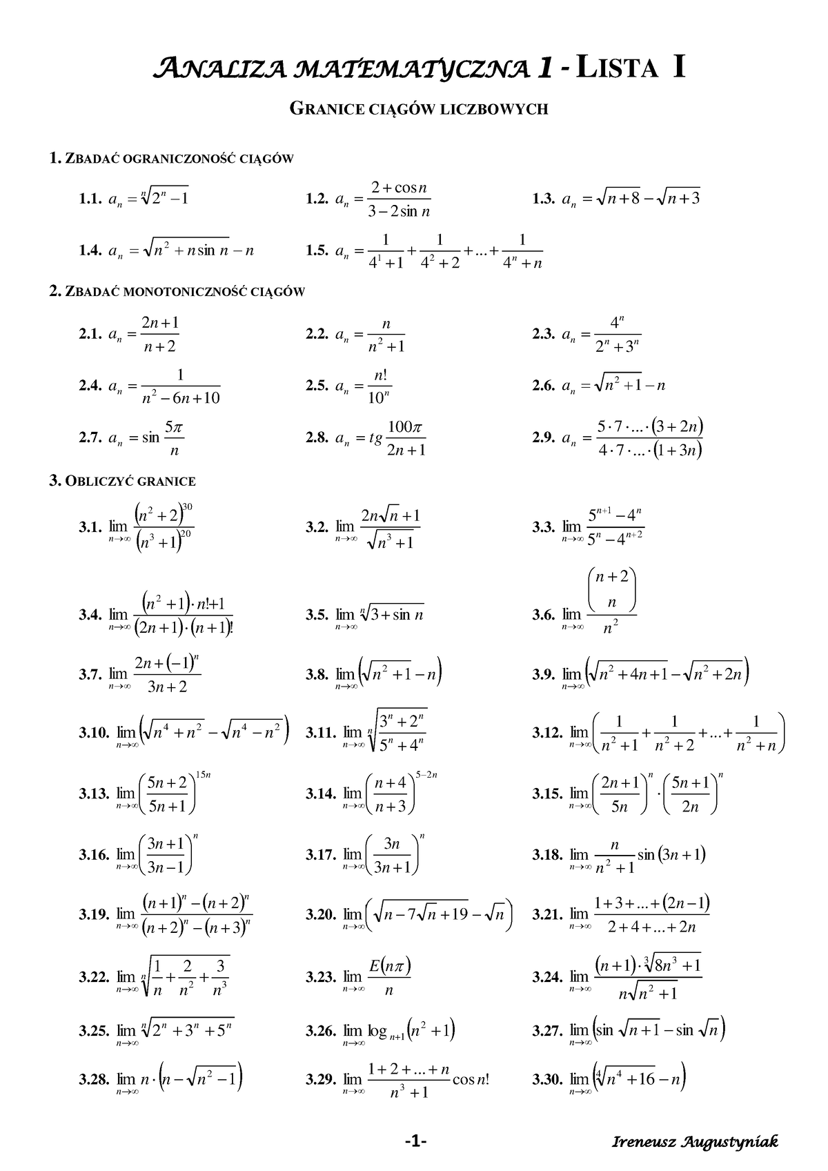 Analiza Zadania - ANALIZA MATEMATYCZNA 1 - LISTA I ####### GRANICE ...