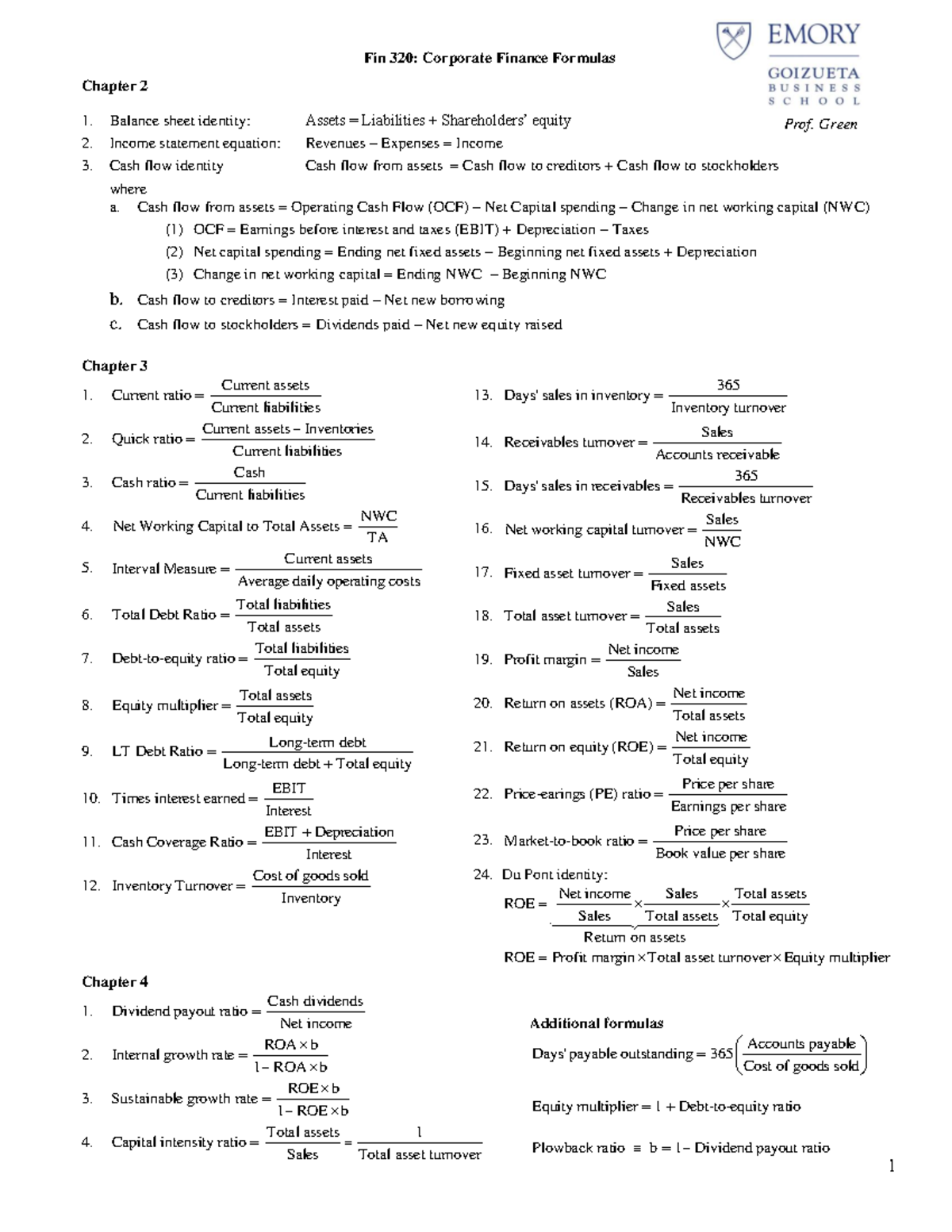 Corp Fin Formulas - Chapter 2 Balance sheet identity: Assets ...